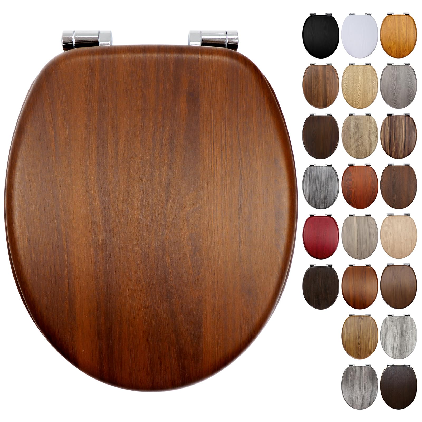 Fanmitrk Walnut Toilet Seat Wood Soft Close with Adjustable Solid Zinc Alloy Hinges, MDF Wooden Oval Toilet Seat with Bottom Fixings, Easy to Clean and Install (JH7406-01) — image 1