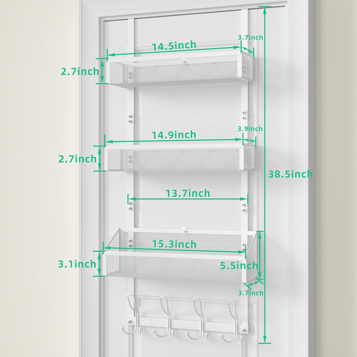 Over The Door Shower Caddy, Over The Door Hook Organizer with 12 Hooks & 3 Mesh Baskets – Space-Saving Towel Rack & Storage Hanger for Bathroom, Kitchen, Bedroom, No Drill Door Hooks, White