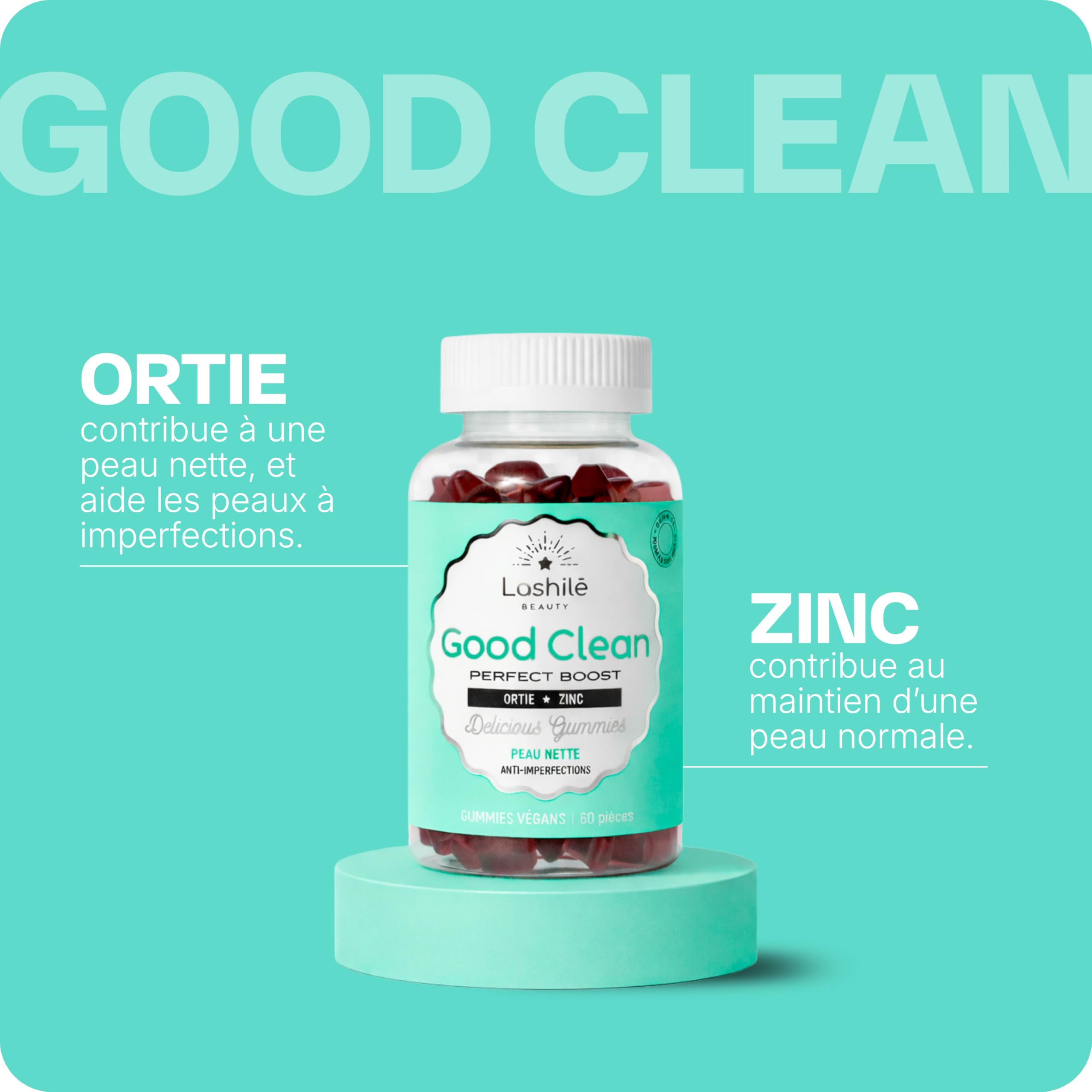Lashilé Beauty - Gummies Peau - Peau Nette & Anti-Imperfections - Régule le Sébum & Purifie - Good Clean Vitamines - Complément Alimentaire Anti-Acné -Bardane Ortie Zinc - Cure 1 Mois 60 Gummies