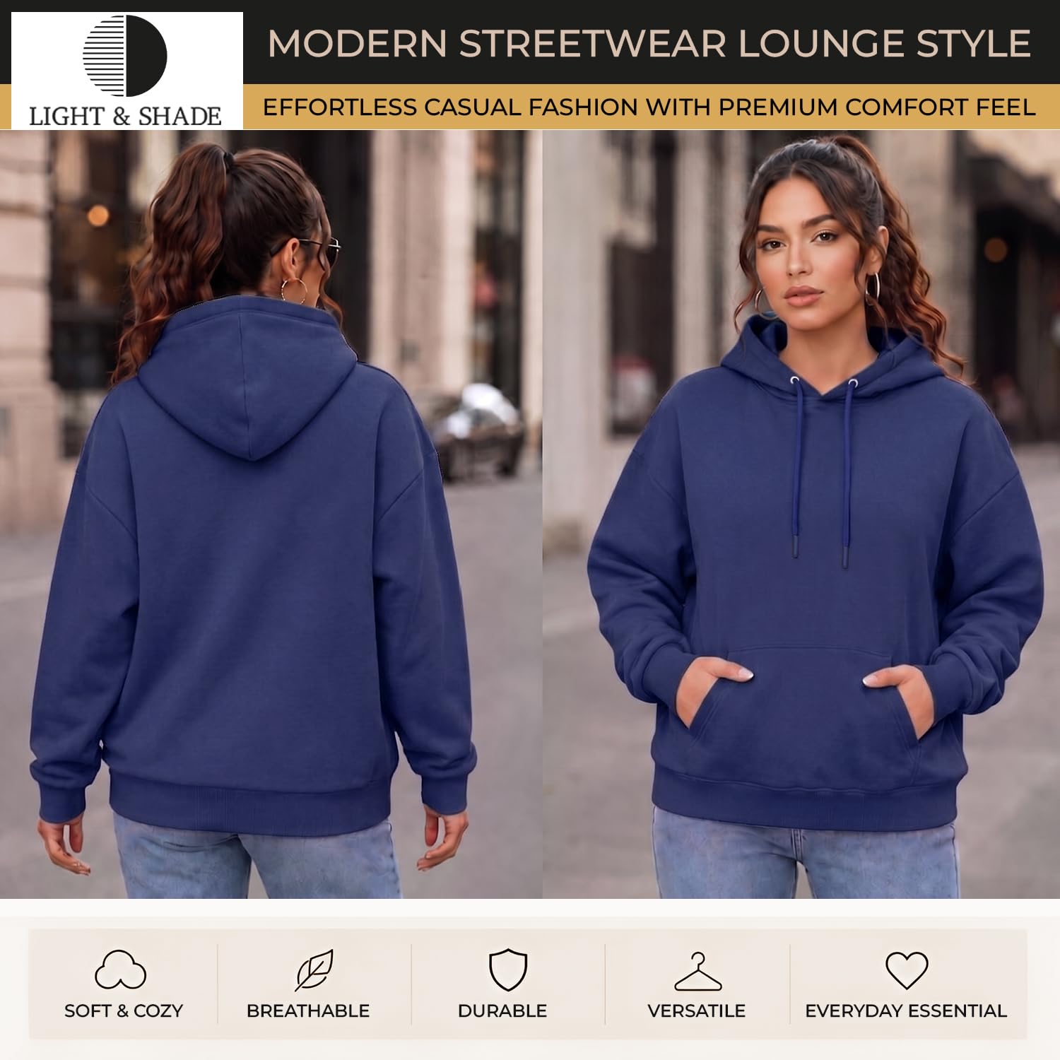 Light & Shade Sweat à Capuche Femme Fleece – Hoodie Pullover avec Poche et Cordon, Sweatshirt Confortable pour Gym Sport Loungewear et Usage Quotidien