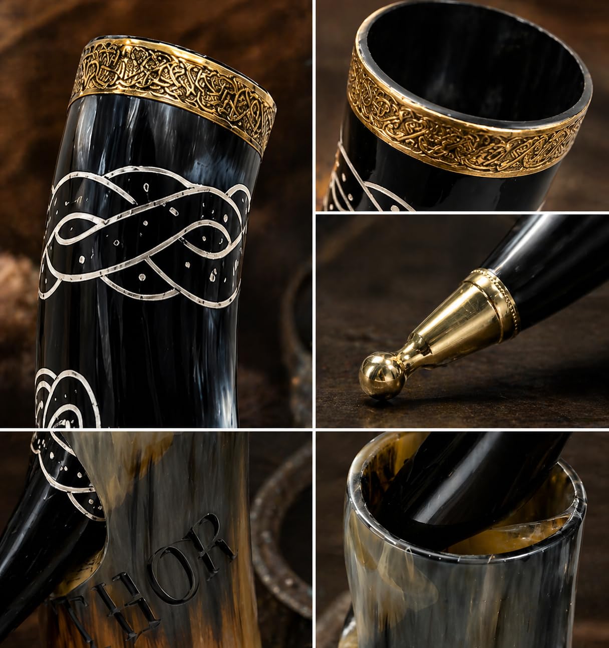 THOR INSTRUMENTS Set di 2 corno vichingo in ottone nero naturale con supporto per birra vino idromele regalo di Natale compleanno matrimonio per uomo tazza corno vichingo