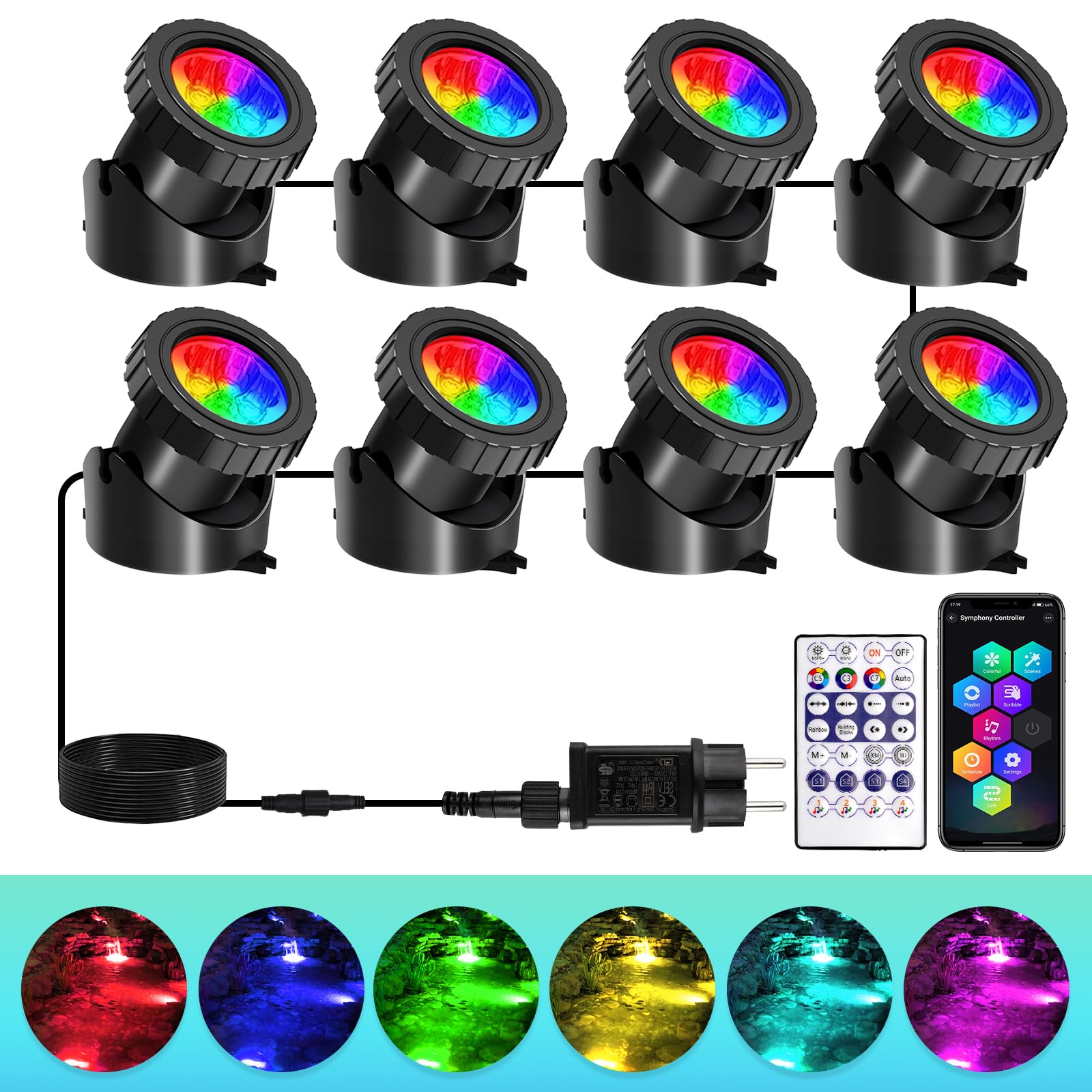 T-SUNUS Illuminazione per Laghetto a LED Subacqueo, LED Sommergibili con Controllo APP Bluetooth Dimmerabile IP68 Illuminazione Subacquea RGB per Giardino Partito Piscina 8 in 1