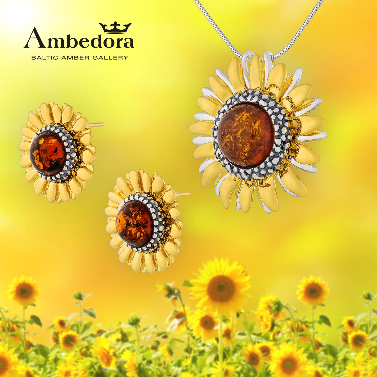Set di gioielli da donna in argento sterling placcato oro, ambra baltica color cognac, ciondolo placcato oro su collana e orecchini, Argento sterling, Ambra