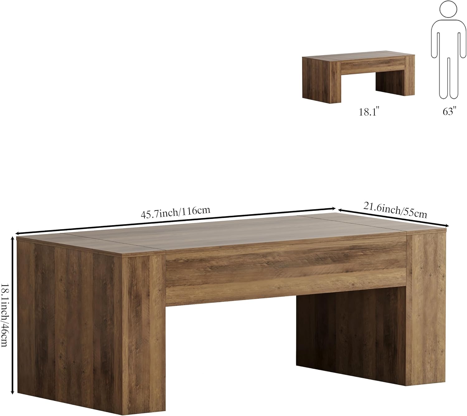 45“ Wood Rectangle Coffee Table,Brown Center Table for Living Room | Large Farmhouse Coffee table with Thick Stable Legs,Rustic accent center table with easy clean wooden top for Home