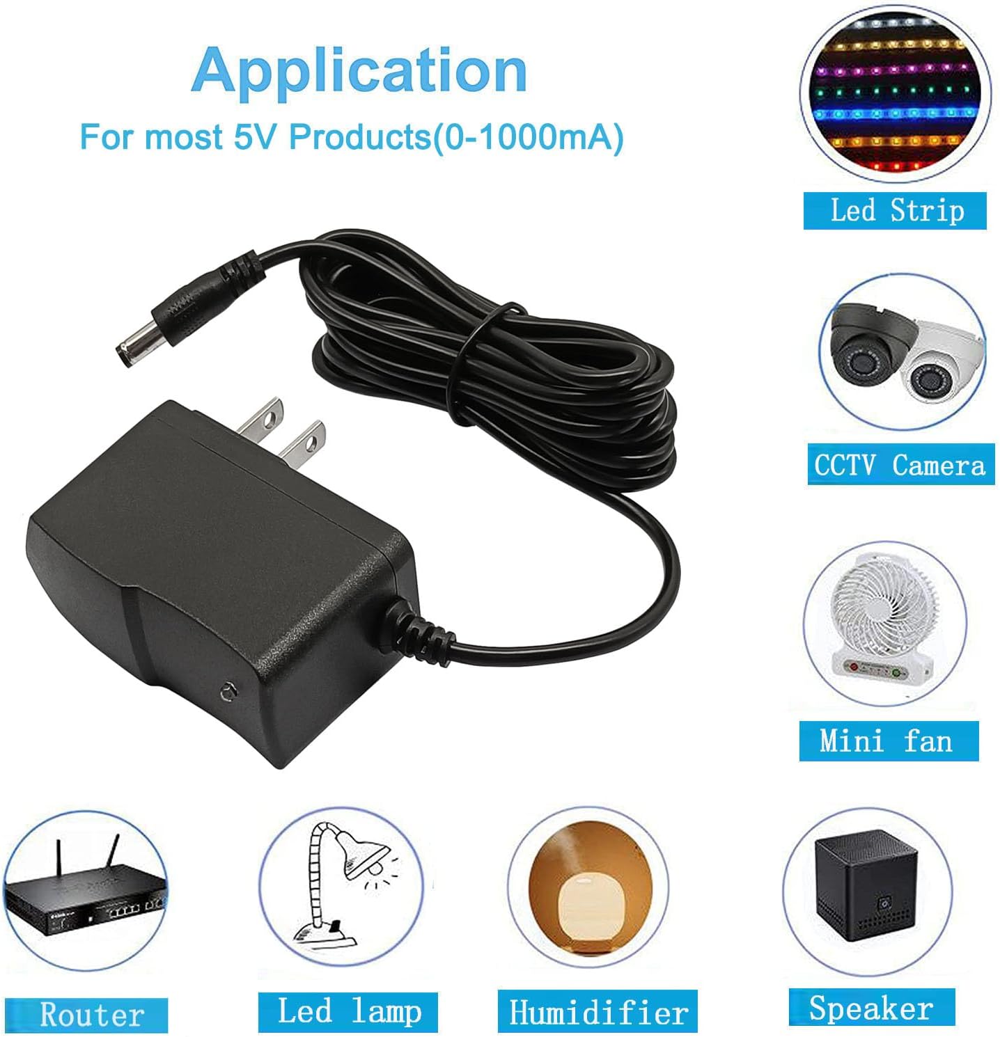 5V 1A 10ft Long Power Supply Adapter AC 100V-240V to DC 5 Volt 1Amp 0.5A Replacement Power Cord for Security Camera Baby Monitor USB Type C with 8TIPS (10ft Extension Power Cable)