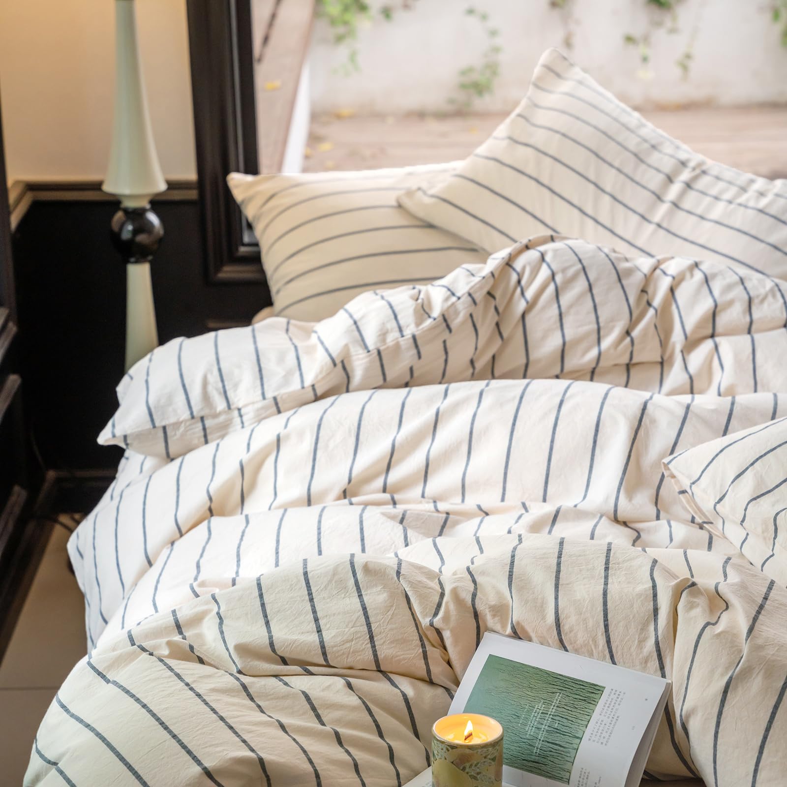 LifeTB Striped Duvet Cover Set Queen 100% Washed Cotton Beige Duvet Cover with Grey Stripes Pattern Printed Comforter Cover 3 Pieces Striped Bedding Queen Comforter Cover with Zipper Closure
