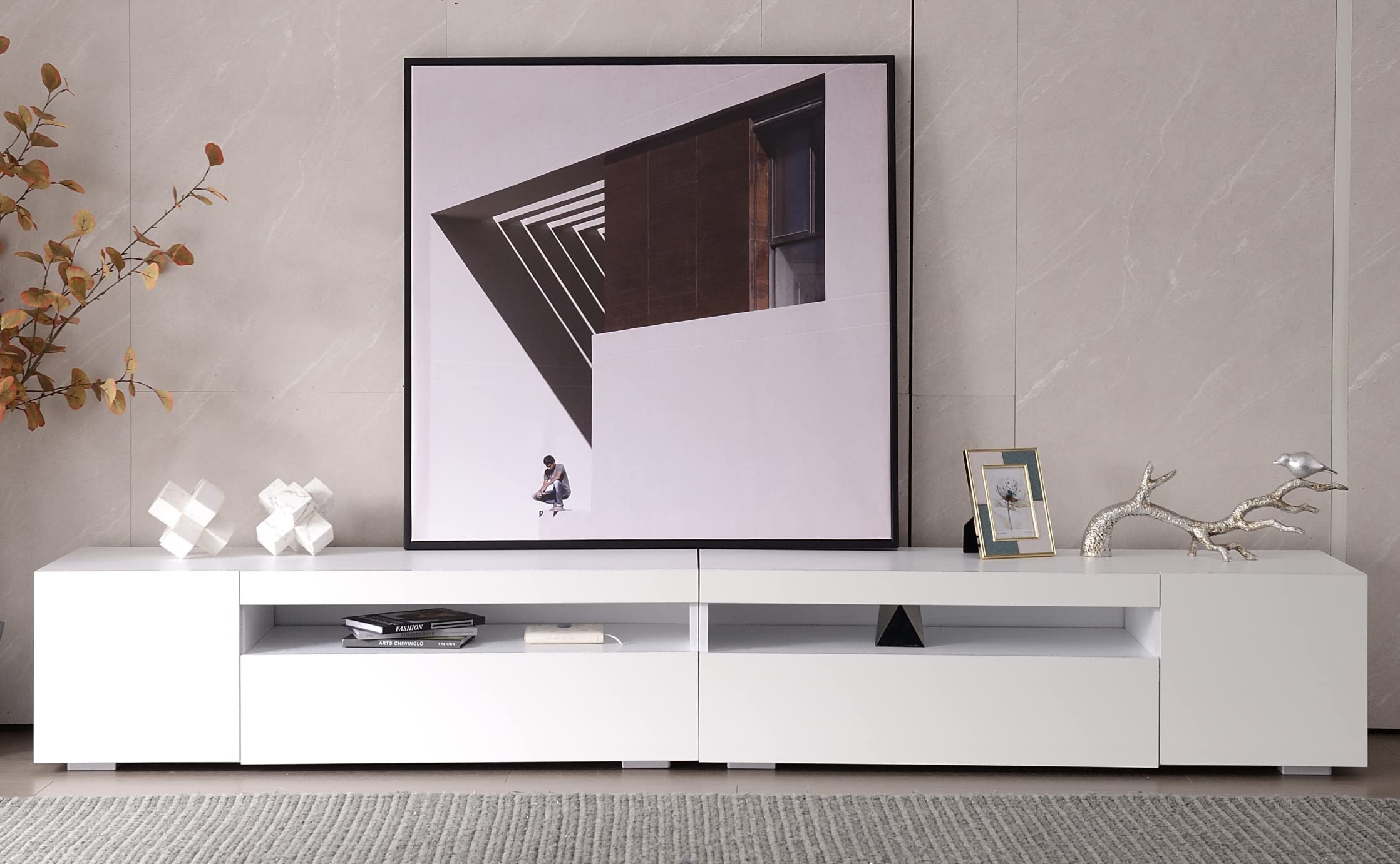 Mobile TV Moderno 170cm Bianco Lucido - Con LED, 2 Cassetti E Ripiano Vetro Per Soggiorno - Foto 6