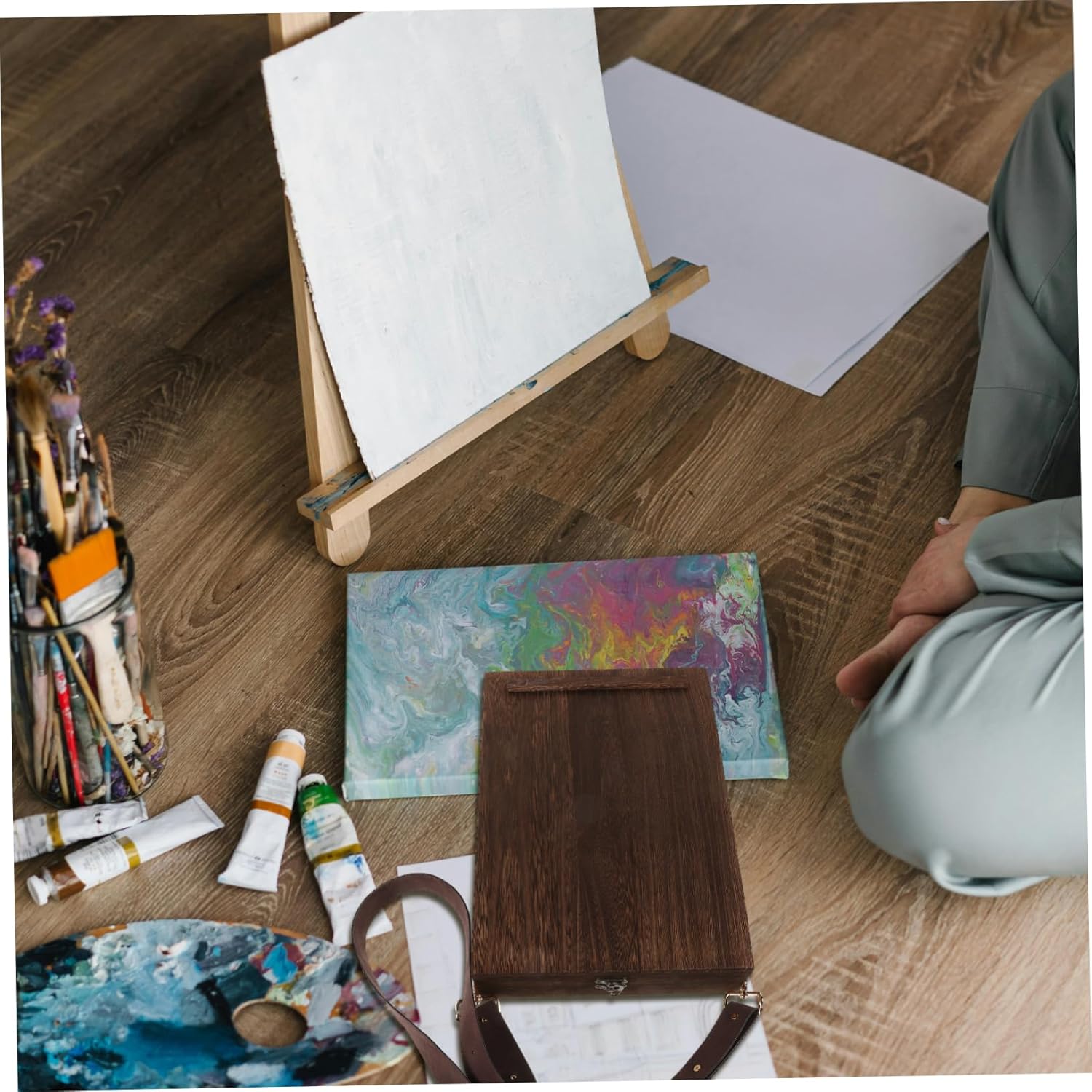 Portable Wooden Messenger Box 13x9inch Handmade Artist Storage Case Versatile Sketch Tool Box for Outdoor Painting with Shoulder Strap