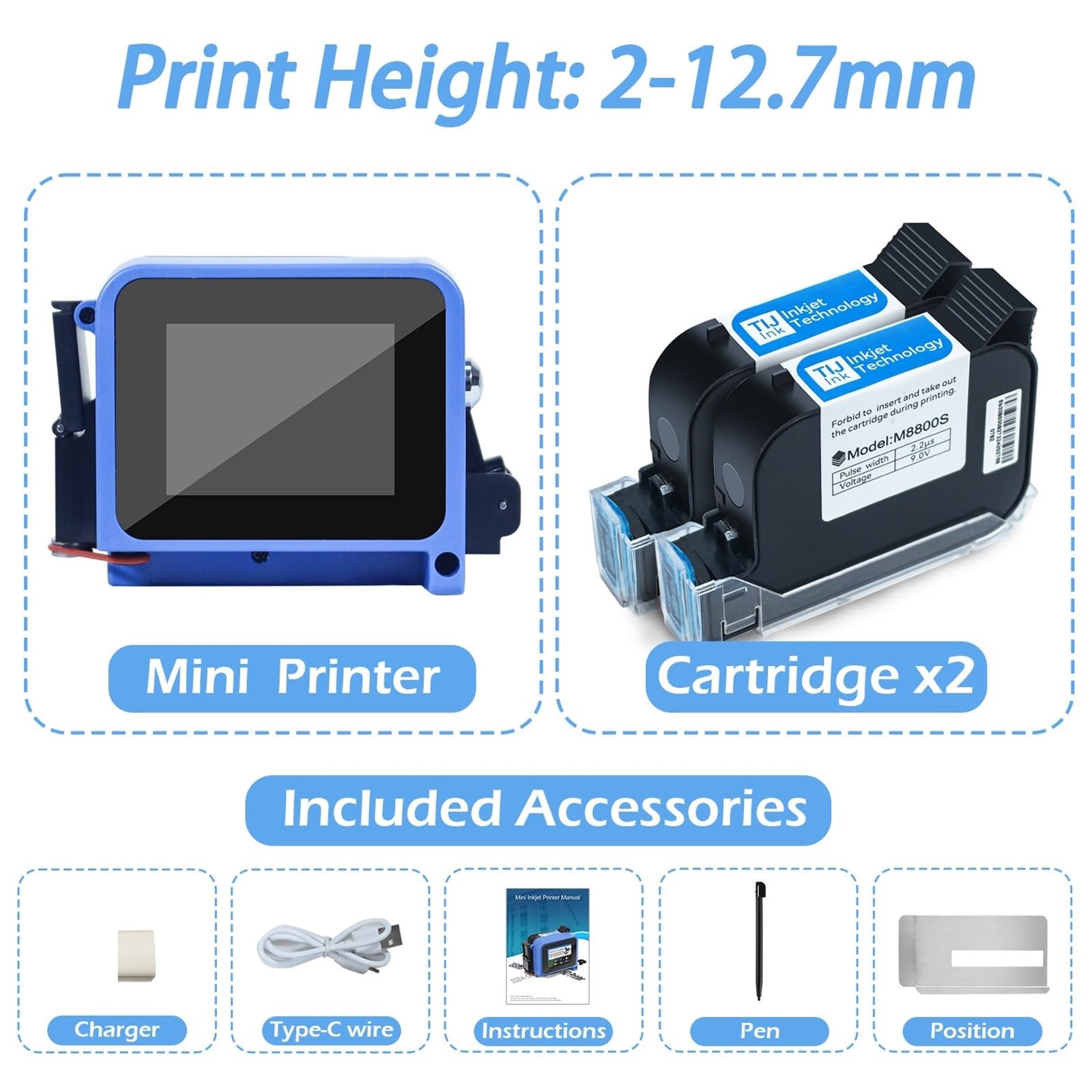 Przenośna mini drukarka atramentowa 12,7 mm do kodów kreskowych QR, numerów partii i dat ważności, 28 języków(Include 2 Cartridges)