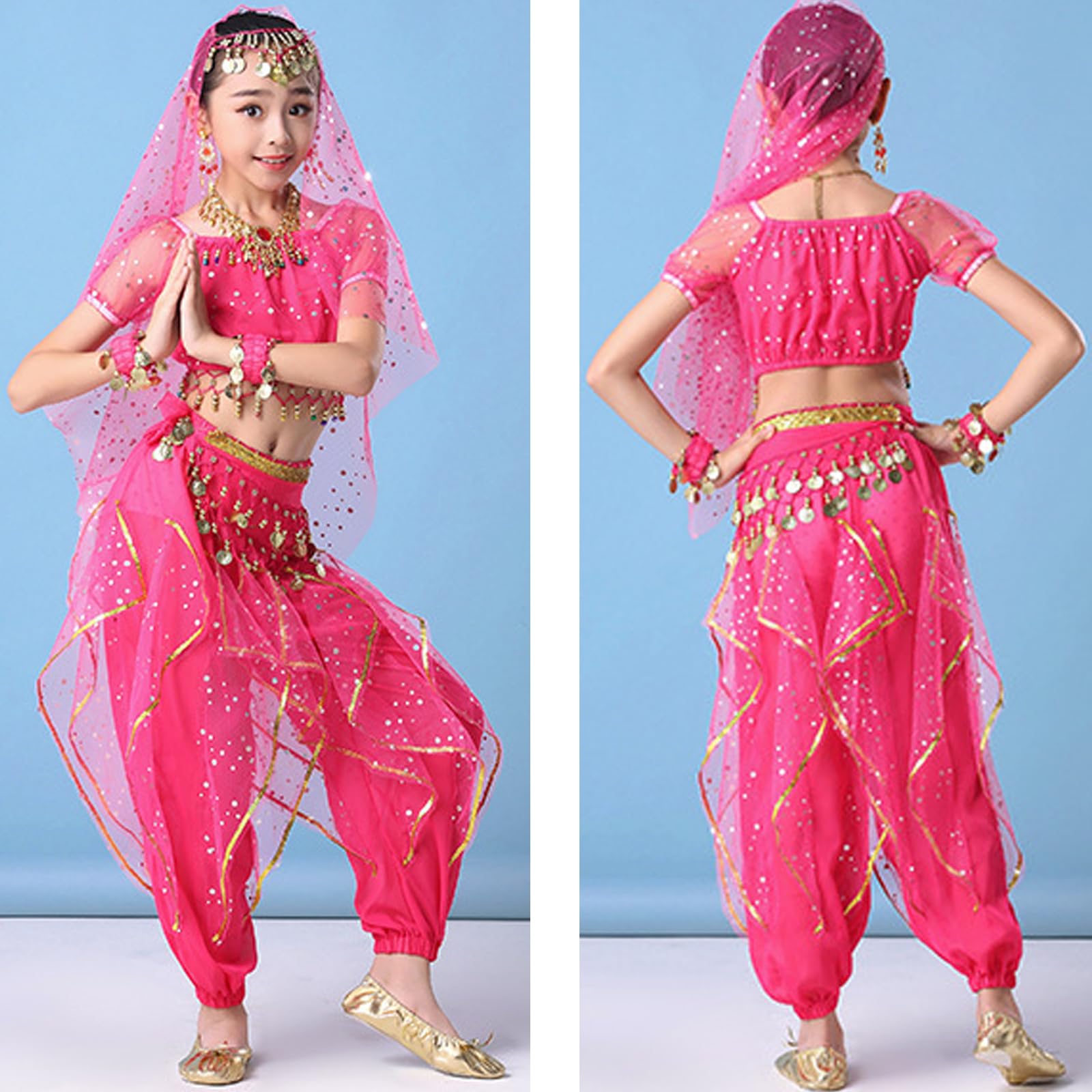 Dziewczęce indyjskie kostiumy do tańca brzucha, dzieci Cosplay Bollywood Halloween karnawałowy strój taneczny, zestaw 7 sztuk