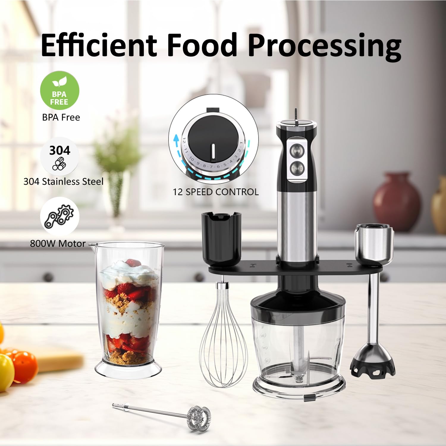 Licuadora de inmersión de mano, 5 en 1 con cable de emulsión manual para cocina, licuadora eléctrica de 12 velocidades para alimentos para bebés, batidos, sopas, puré 3