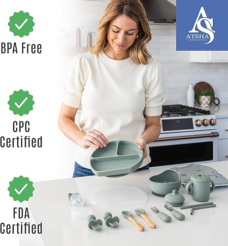 Miniatura 5 de Juego de alimentación de silicona para bebés, 19 piezas de suministros de destete LED para bebés, placa de succión y tazón, taza para beber, 3