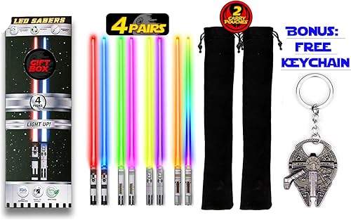 Miniatura 8 de SaberChops - Palillos de sable de luz con luz LED de Star Wars, reutilizables, 8 modos de color, 4 pares gratis, llavero de halcón milenario,