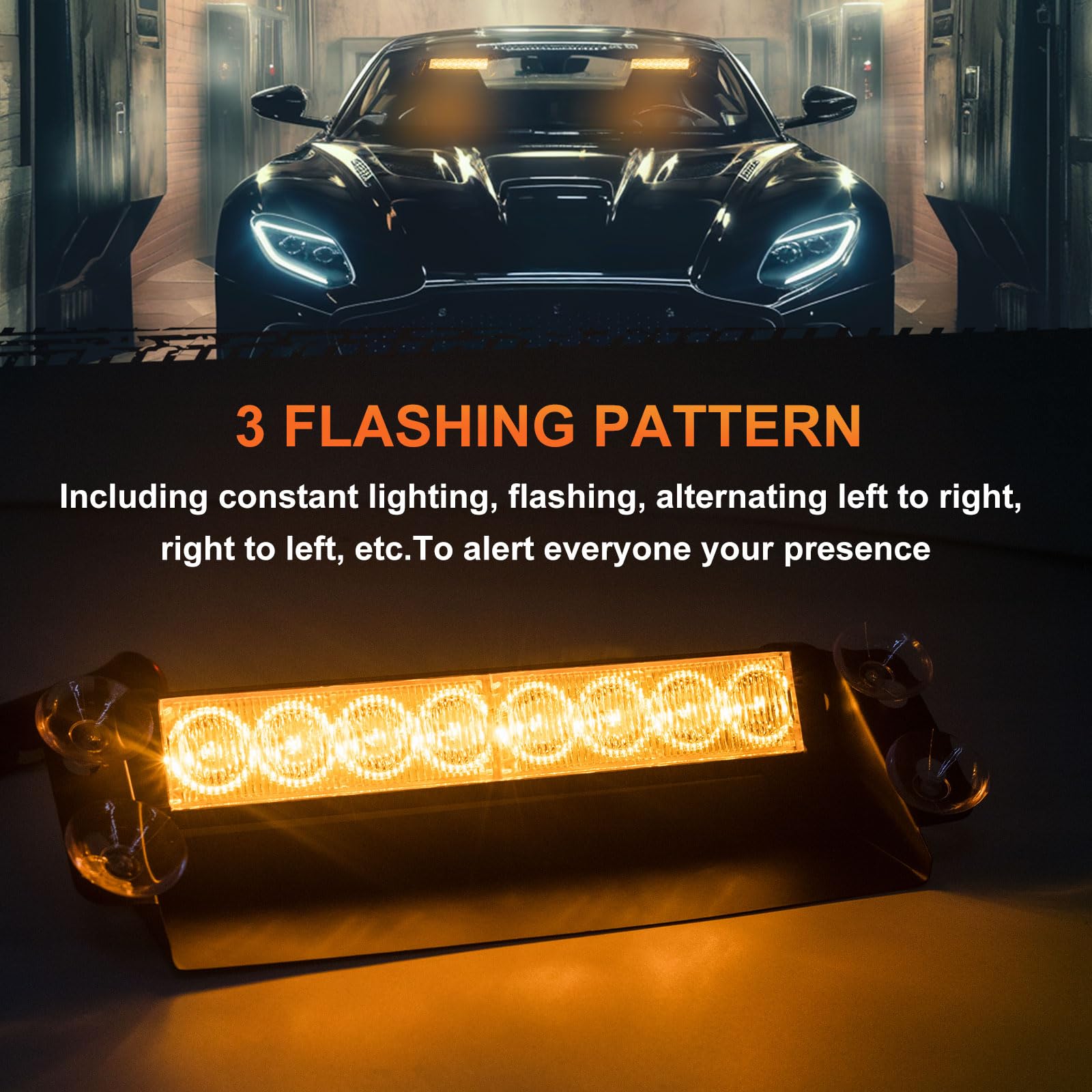 LED Stroboscopique, Feux Stroboscopiques Intérieurs de Pare-Brise 8LED 4 Modes Stroboscope Clignotant Lampe D'urgence avec la ventouse pour 12V Voiture Camion Véhicule (Jaune)
