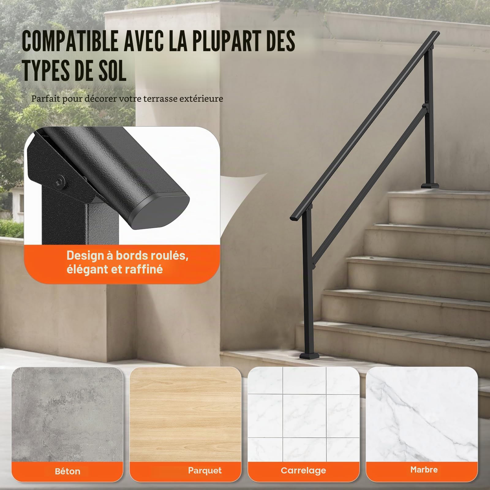 VEVOR Rampe d'escalier pour 5 marches extérieures, main courante escalier en acier au carbone, avec kit d'installation, pour personnes âgées, marches en béton, porche, terrasse, tube carré noir