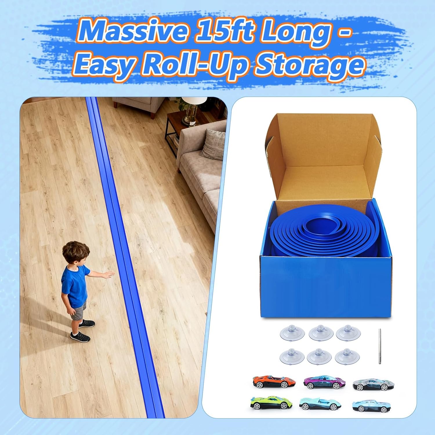 15ft Flexible Race Track for Kids with 6 Cars & 6 Suction Cups, Race Car Ramp Toy Compatible with Hot Wheels and 1/64 Diecast Cars, Portable Slot Car Track for Ages 3+