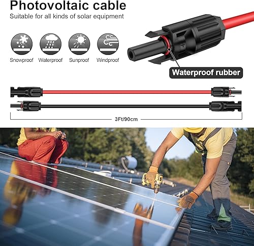 Miniatura 4 de iGreely 1 par de cable de extensión de panel solar de 50 pies negro + 50 pies rojo 10 AWG (6 mm) con conectores hembra y macho