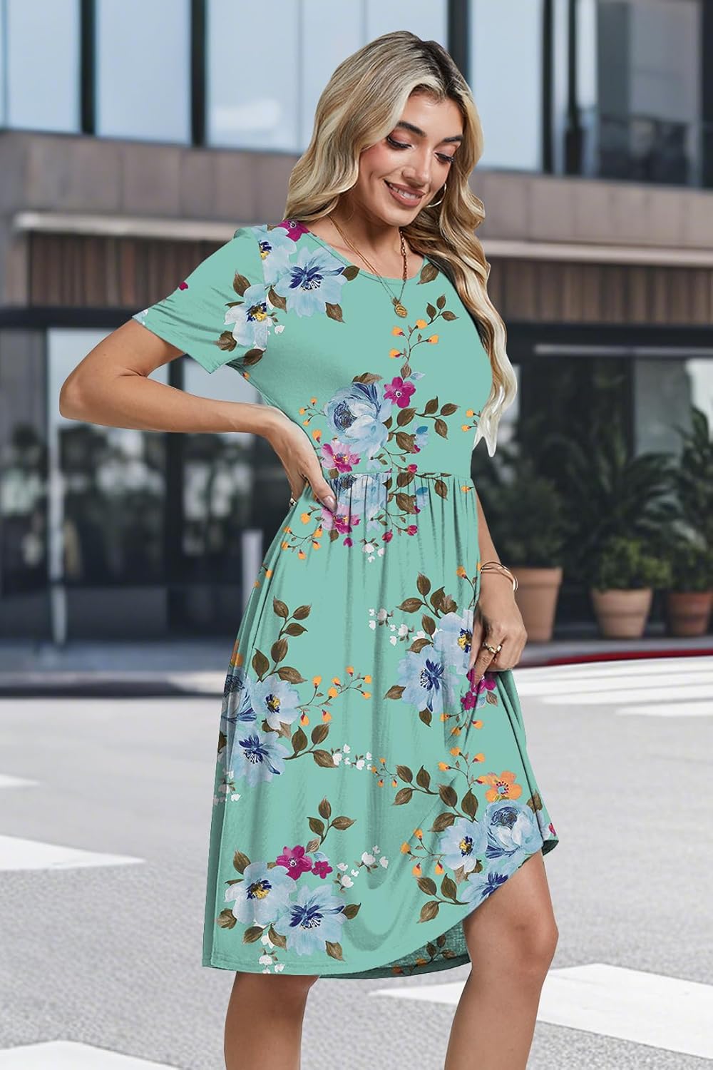 AYIFU Womens Short Sleeve Empire Waist Dresses Casual Summer Dress with Pockets - Image 3