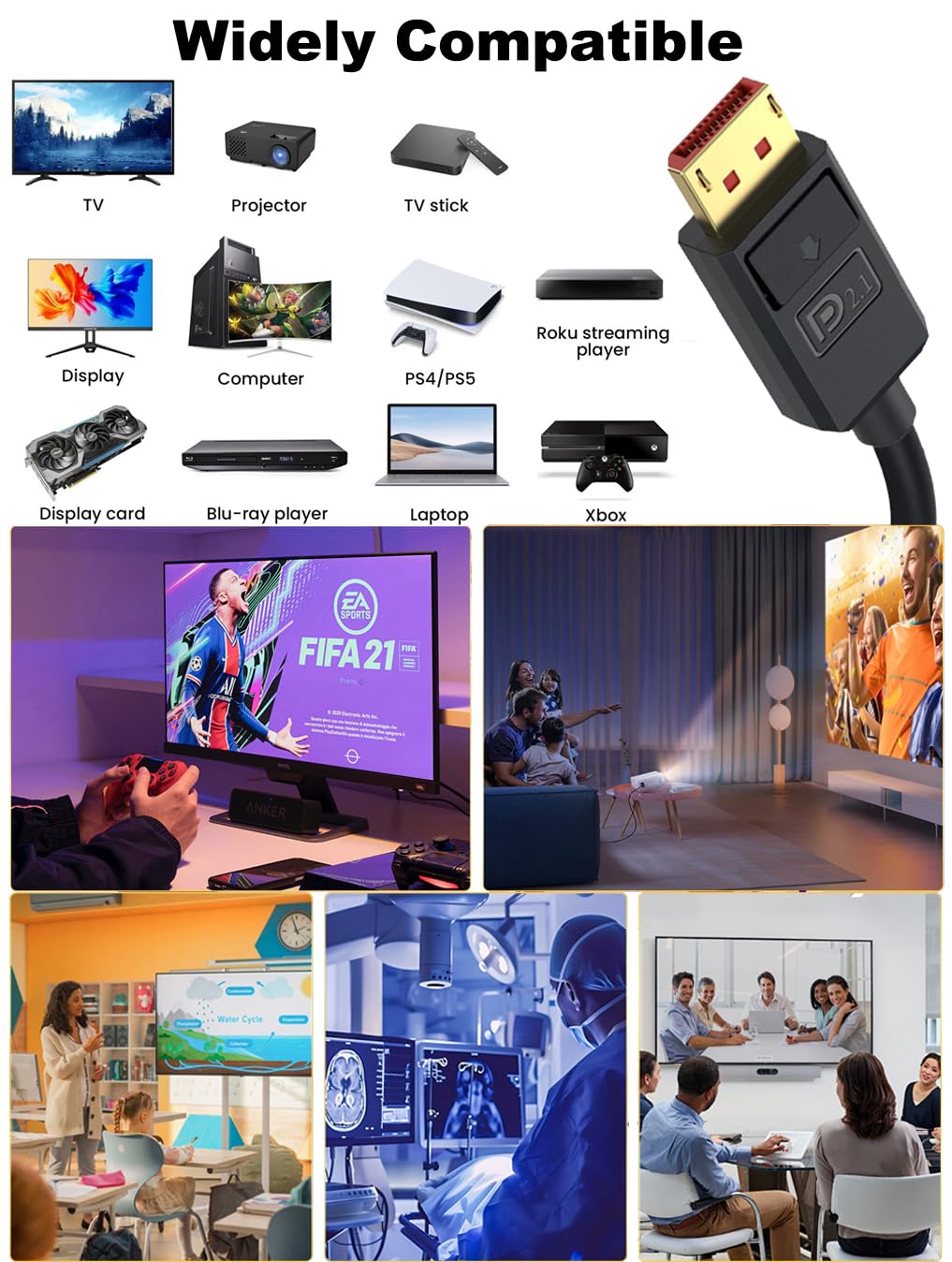 Câble DisplayPort 2.1 52 Gbit/s 1,8 m, 16K @ 30 Hz/8K @ 120 Hz/4K @ 240 Hz 165 Hz 144 Hz, 3D, HDR dynamique, Dolby eARC, angle supérieur DP mâle pour moniteur de jeu FreeSync G-Sync, PS5/4
