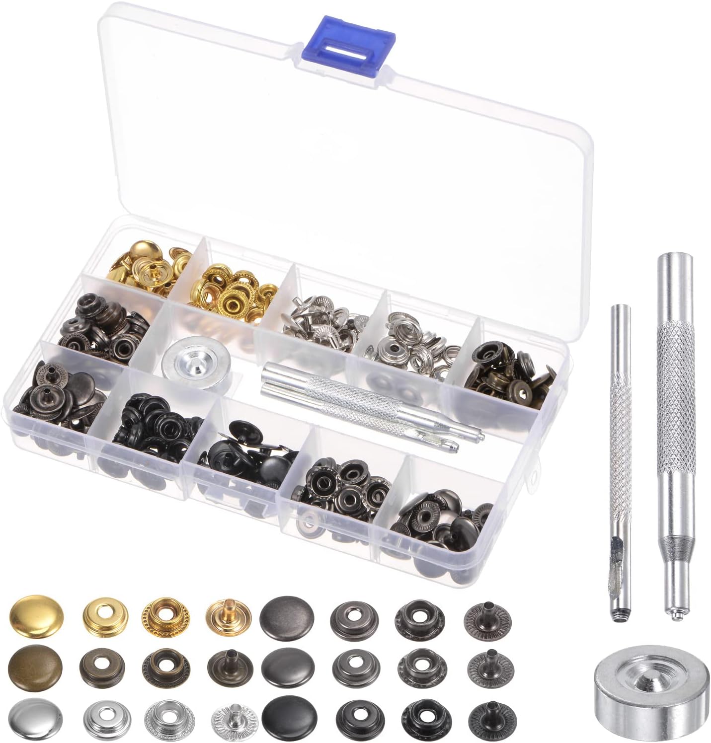 HARFINGTON 2 Boxes 60 Sets/Box Leather Snap Fasteners Kit 12mm Metal Press Studs Buttons Tool with 3 Setter Tools & Storage Box for Clothing Leather Sewing