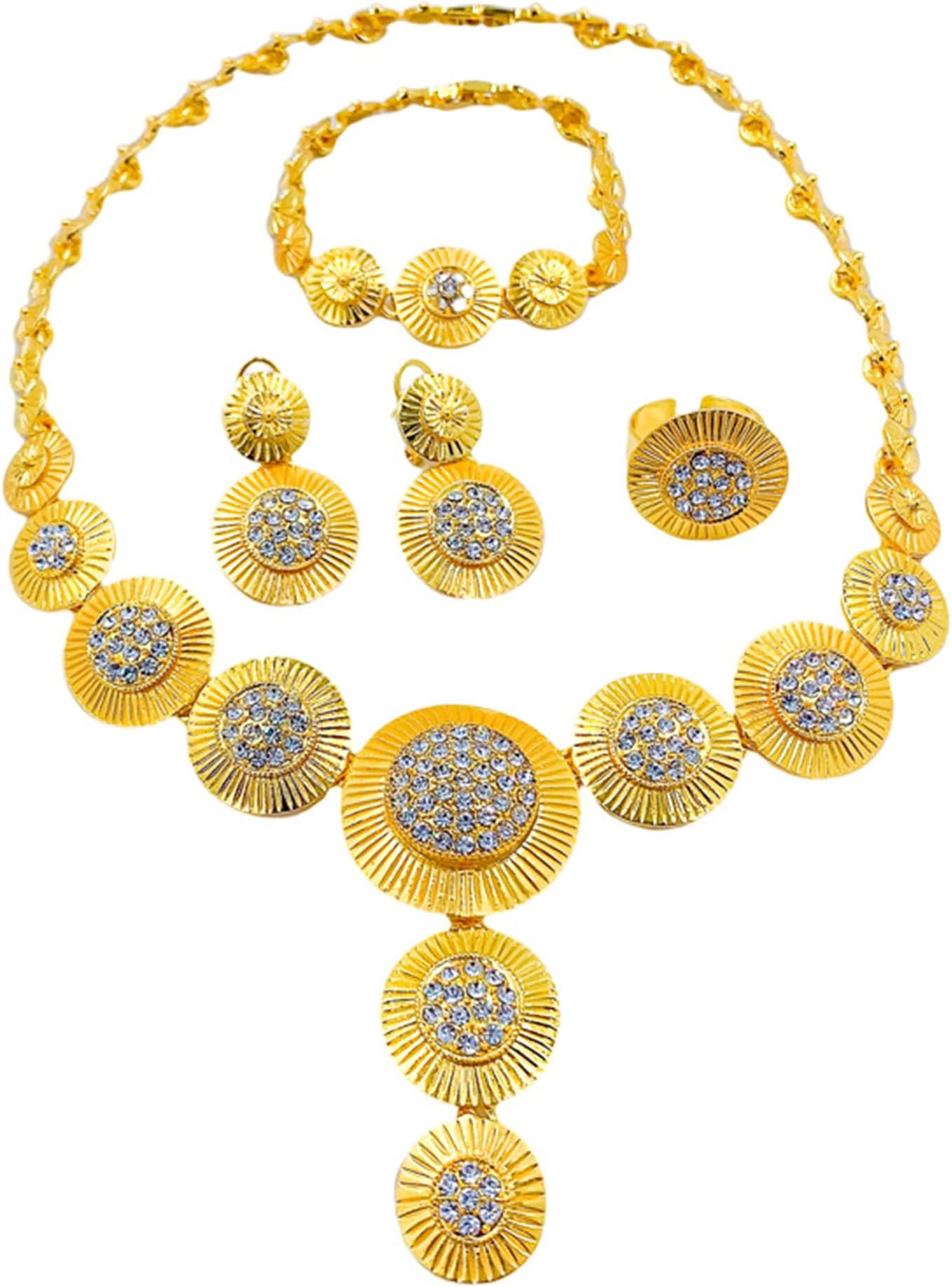 LifflyLadysAfrican Jewelry Sets for Women,Dubai Statement Necklaces Gold Bracelets Open Hoop Earrings Ring Fashion Crystal Wedding Costume Jewelry Accessories Set Mom Birthday Gifts for Women