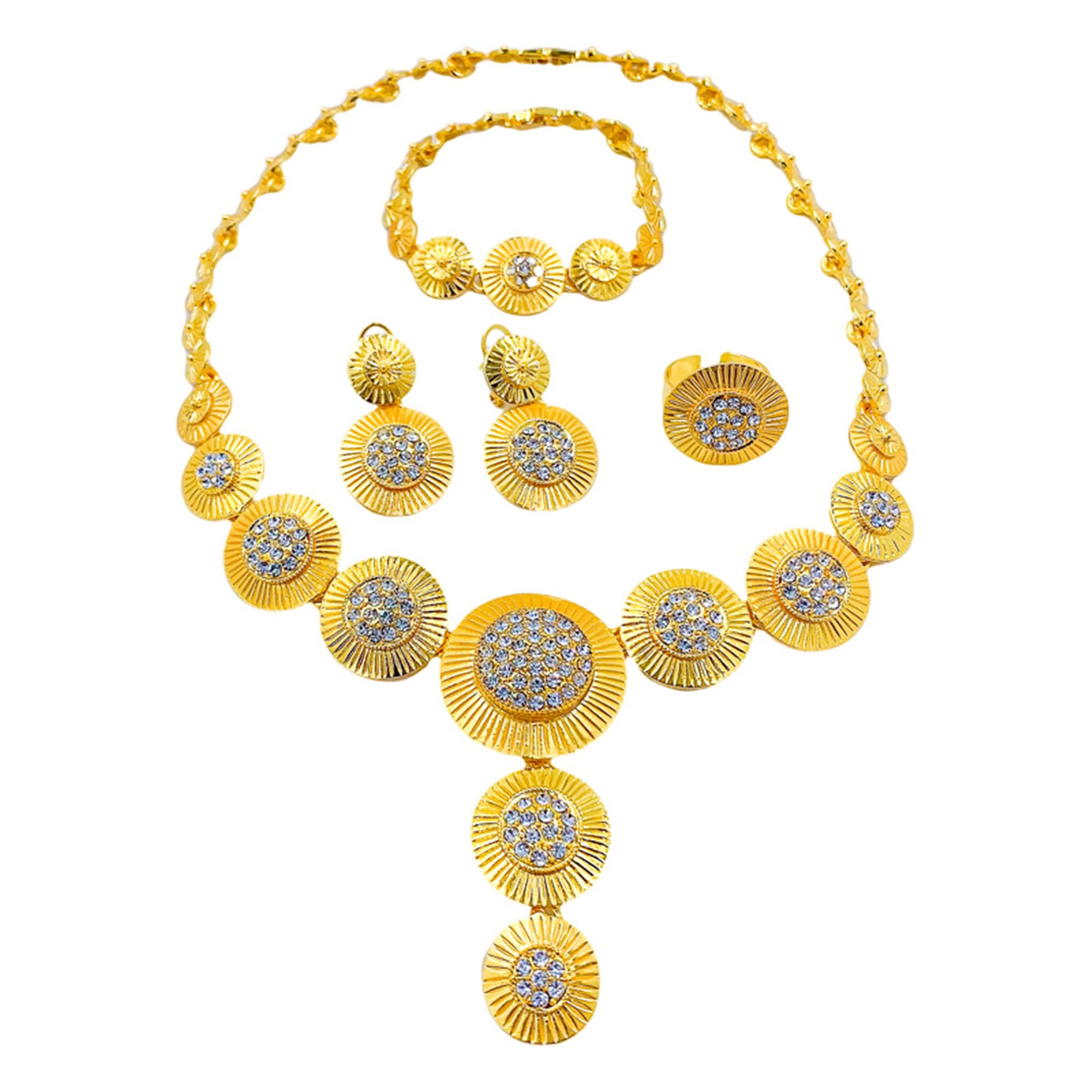 LifflyLadysAfrican Jewelry Sets for Women,Dubai Statement Necklaces Gold Bracelets Open Hoop Earrings Ring Fashion Crystal Wedding Costume Jewelry Accessories Set Mom Birthday Gifts for Women