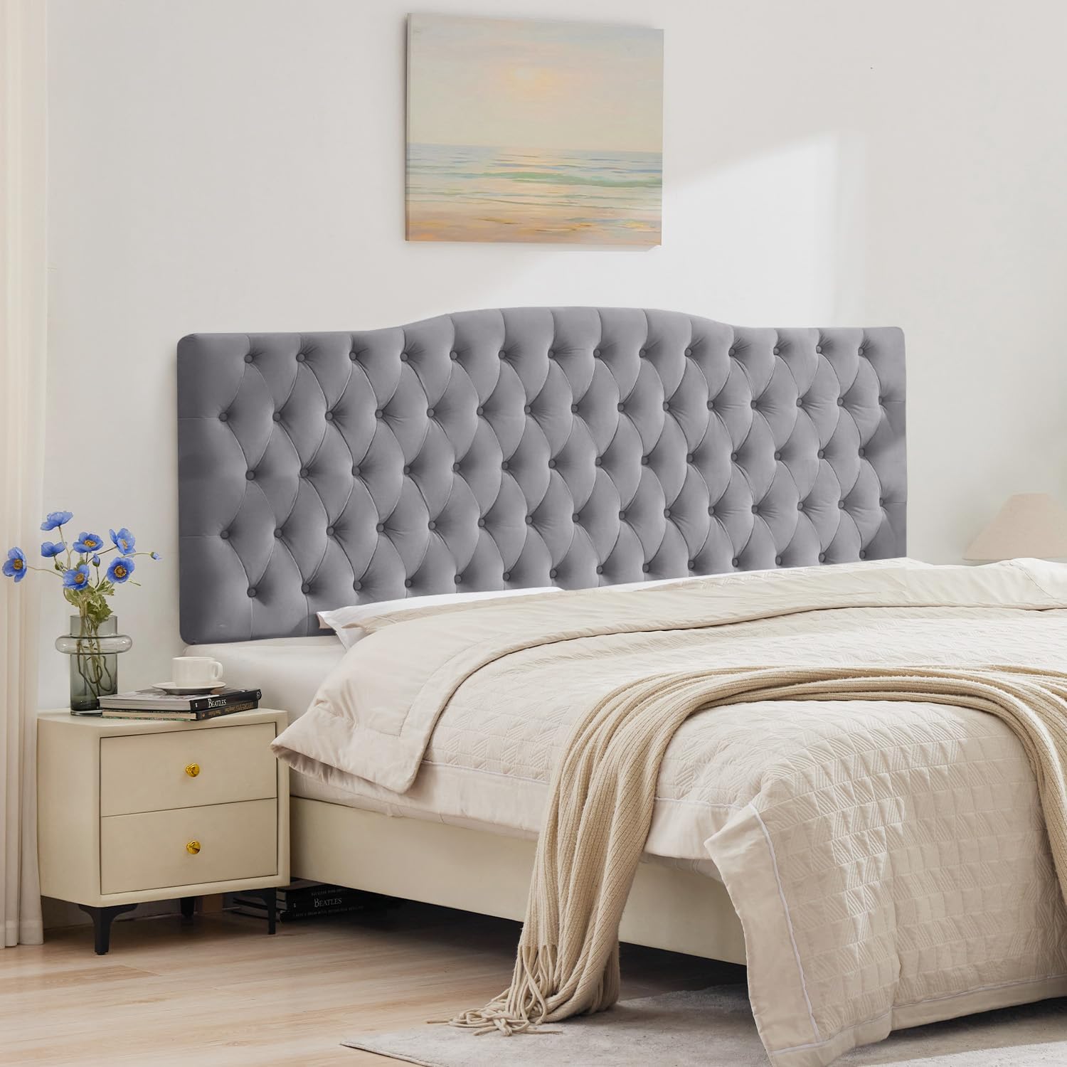 Upholstered High Queen Headboard, Button Diamond Tufted Headboard with Adjustable Height and Solid Wood Leg, Linen Fabric Padded Headboards for Queen Size Bed, Mordern Head Board, Grey