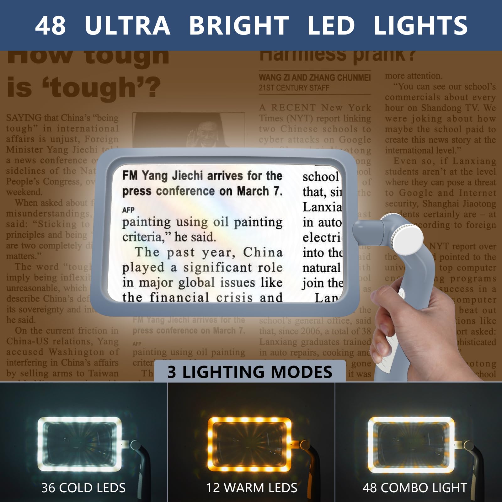 Magnifying Glass with Light and Stand, 5X Lighted Page Magnifier with 48 LED & 3 Light Modes Large Magnifying Glass Hands Free for Seniors Reading, Close Work (Grey)