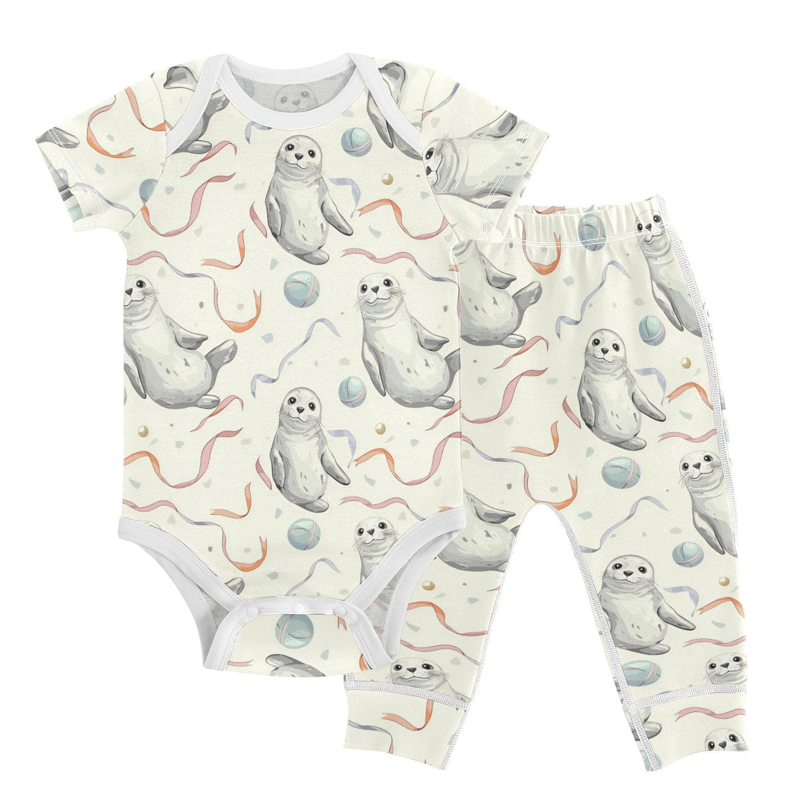 vvfelixl Baby Layette Sets Clothes,Cute Seal Heading Ball Baby Bodysuits Set,Unisex Babys Pants Sets Short Sleeve 12-18M