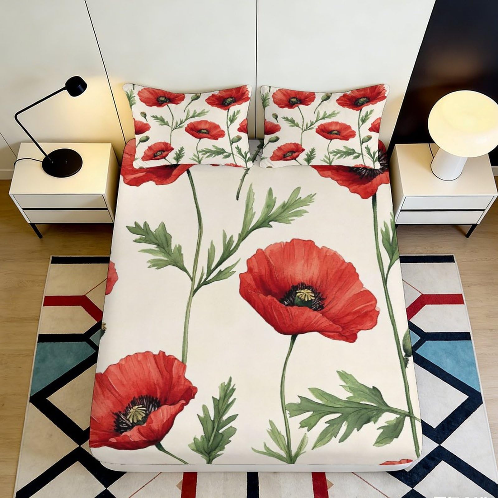 3D Printed Poppy Floral Fitted Sheet Microfiber Deep Pocket Non-Slip Poppy Mattress Fitted Cover Home Bedding 200x200x25cm 90x200x25cm