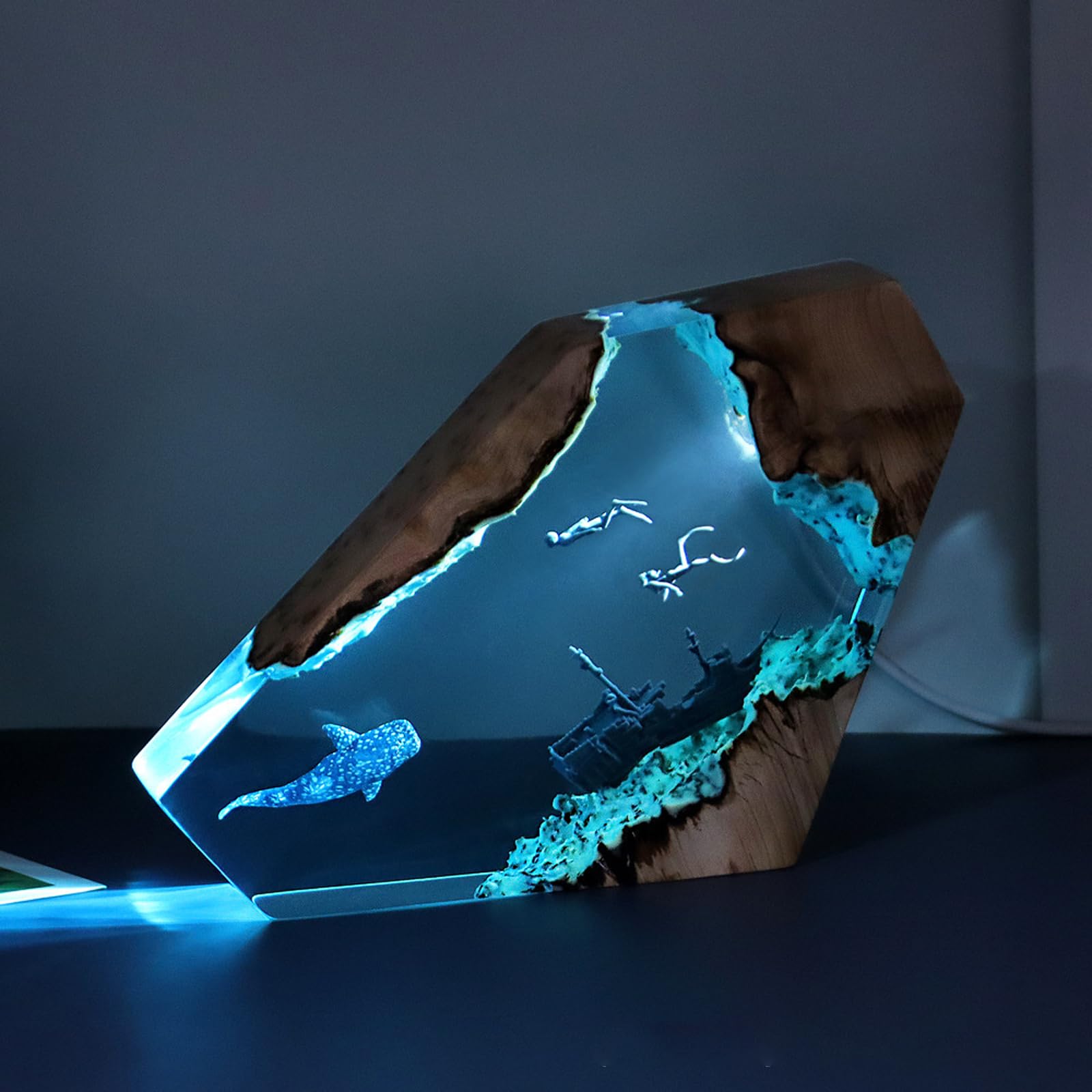 Nachttischlampe, Nachtlicht Taucherlampe aus Epoxidharz, LED-Leuchten für Große Taucher und Buckelwale, Nachttischlampe Schlafzimmerlampe mit USB-Kabel für Meeresliebhaber, Desktop-Kunst-Dekoration