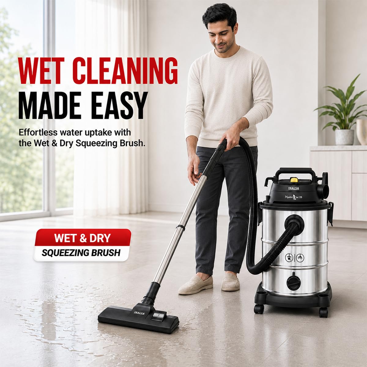 INALSA Vacuum Cleaner Wet and Dry Heavy Duty 1700 W & 25 Ltr Capacity|22KPA Suction|HEPA Filter & Metal Telescopic Tube|2 Year Warranty|SS Metal Tank|For Home,Office,Hotel Cleaning (Master Vac 25)