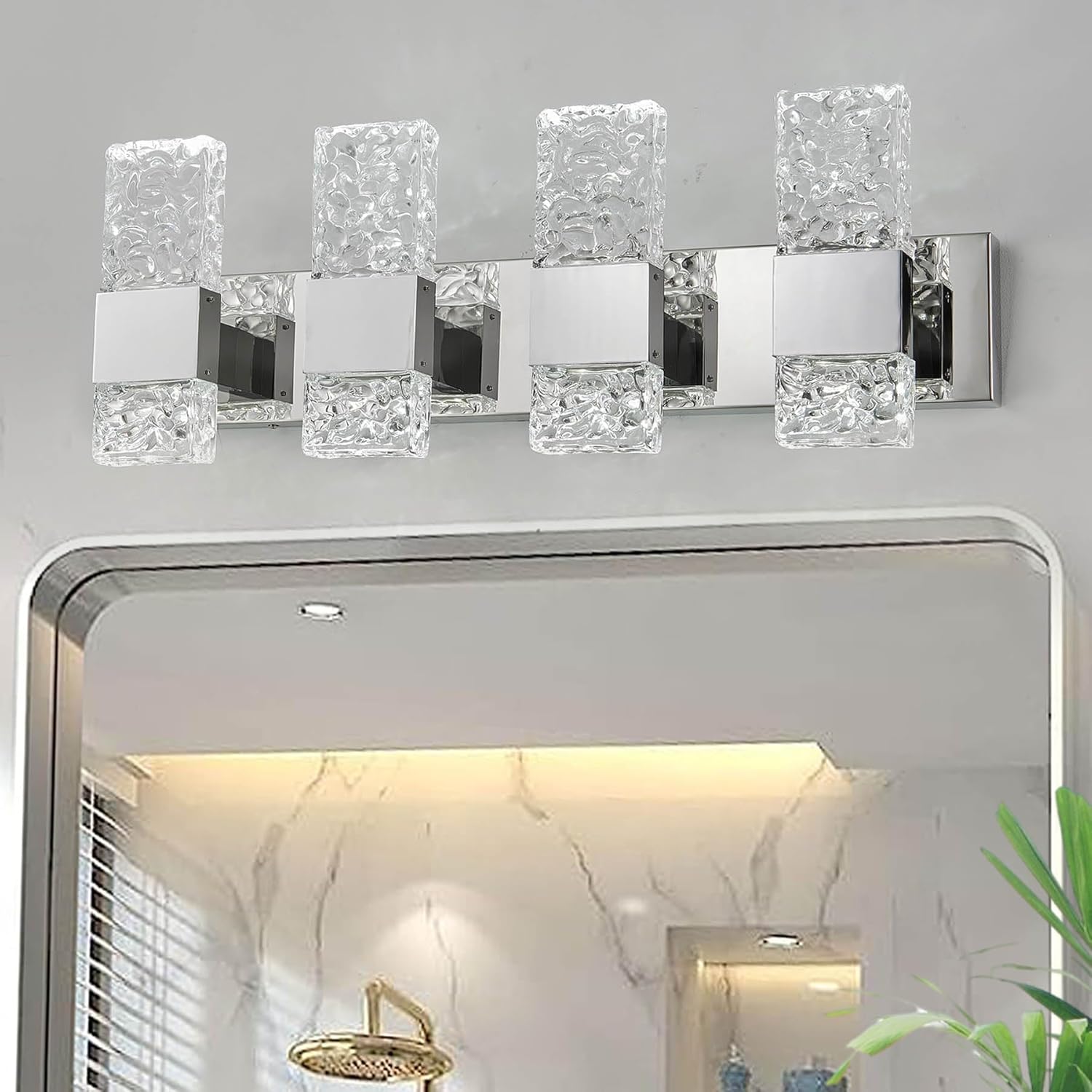 Modern LED Bathroom Vanity Light Fixtures Chrome Stainless Steel 4 Light Wall Sconces for Bathroom Lighting Fuxture Over Mirror 28 Inch 40w LED Crystal Wall Light Cool White 5800K Chrome 4 lights