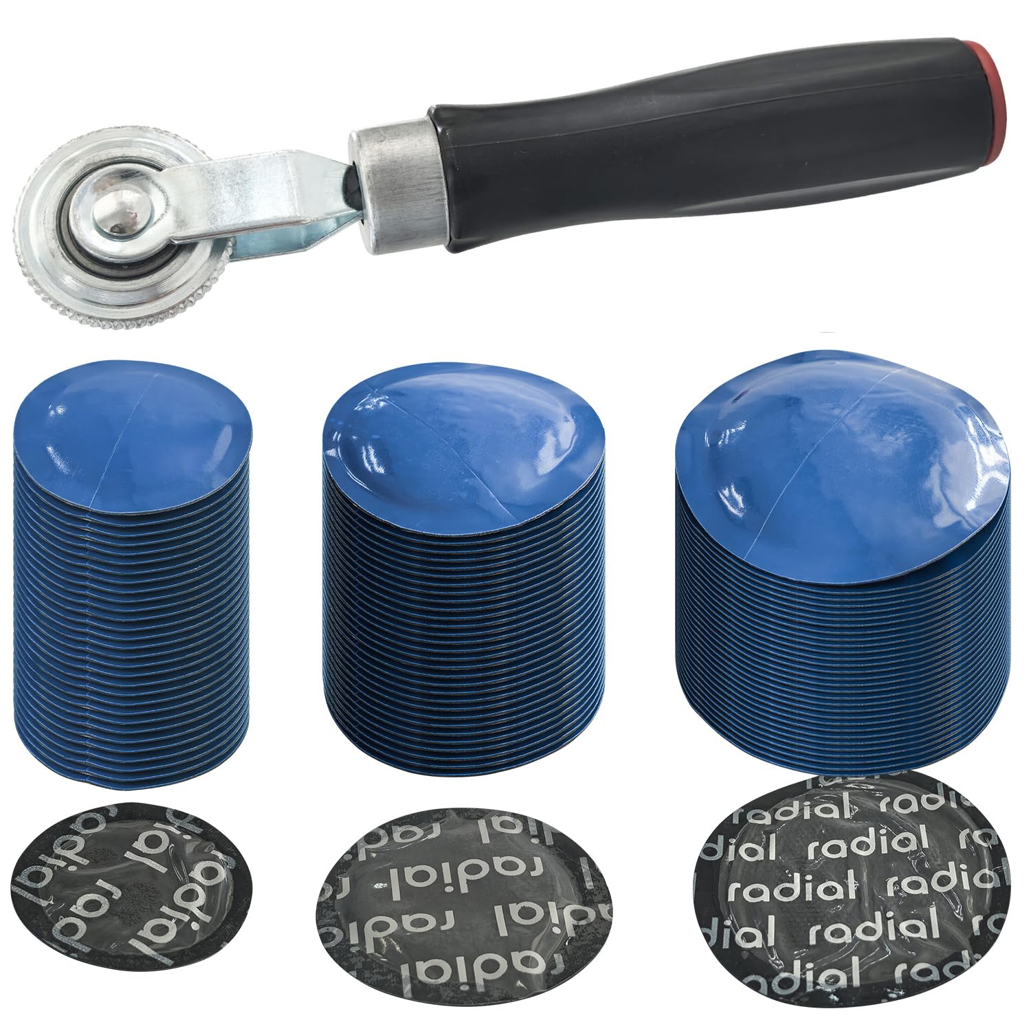 SUGOOE 91PCS Tire Patches Kit, Tire Patches Puncture Repair Kit with Tire Patch Roller, Round Tire Repair Tools 1.26in 1.65in 2.24in, Tire Patch Kit Heavy Duty for Car