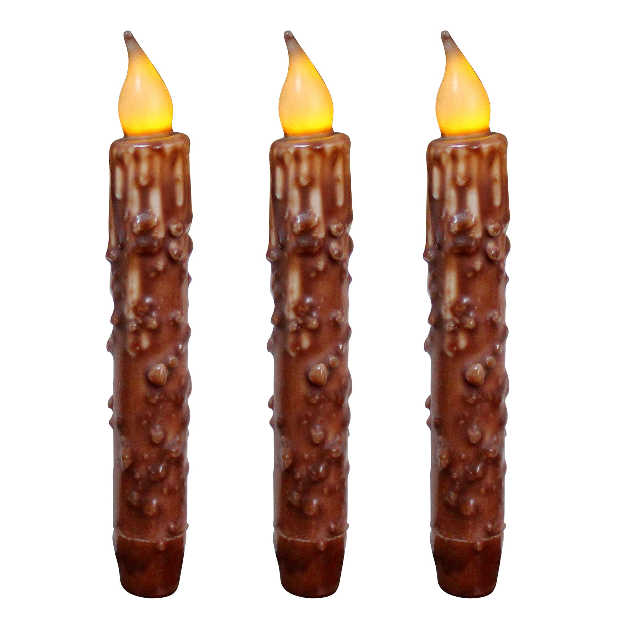 CVHOMEDECO. Real Wax Hand Dipped Battery Operated LED Timer Taper Candles Country Primitive Flameless Lights Décor, 6.75 Inch, Coffee, 3 PCS in a Package