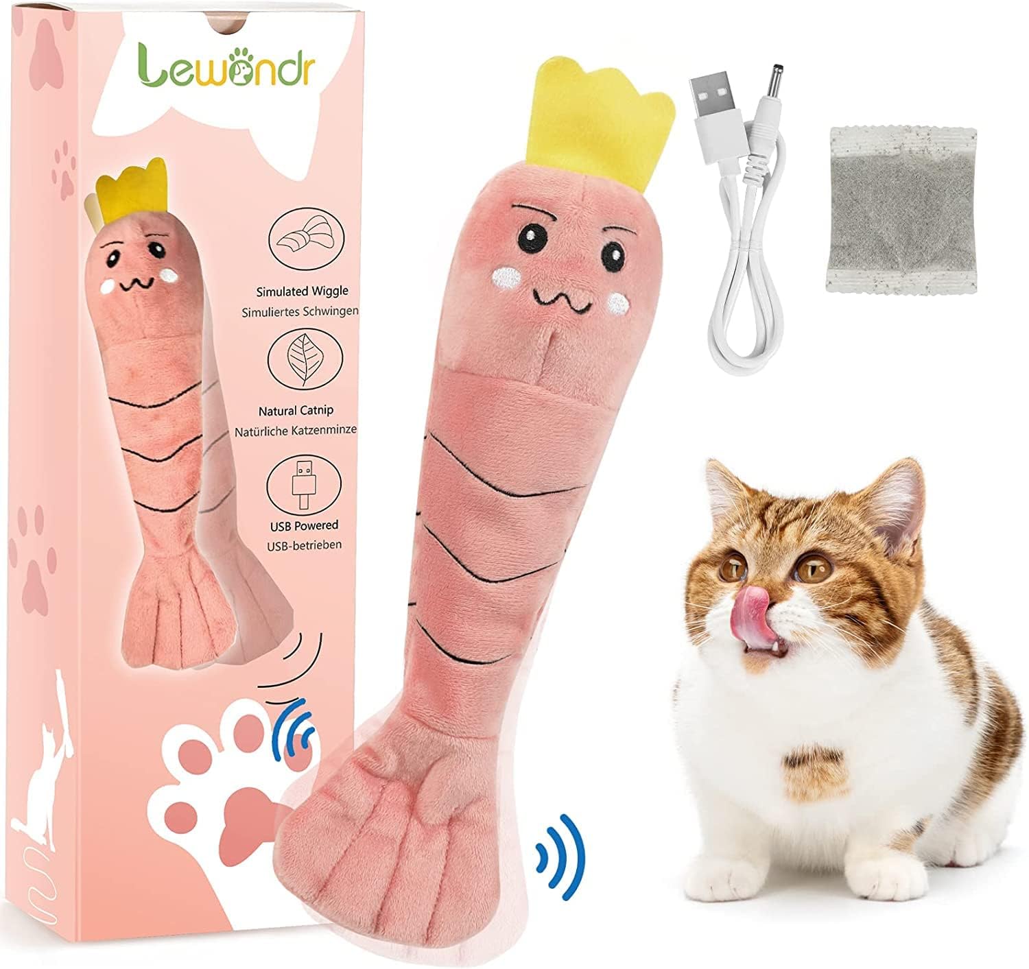 Lewondr Flopping Cat Toy, Realistic Moving Shrimp Cat Toy with Catnip
