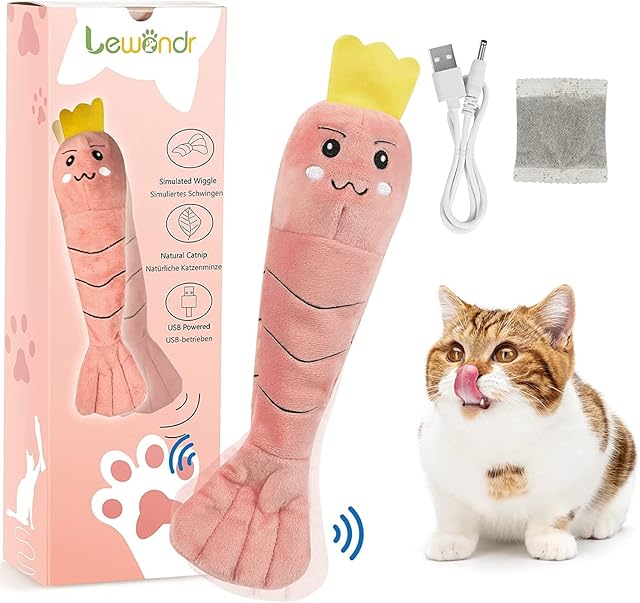 Lewondr Flopping Cat Toy, Realistic Moving Shrimp Cat Toy with Catnip, Automatic Moving Cat Toy for Small Cat, Interactive Kitten Kicker Exercise Toy, USB Rechargeable, Soft, Washable, Pink