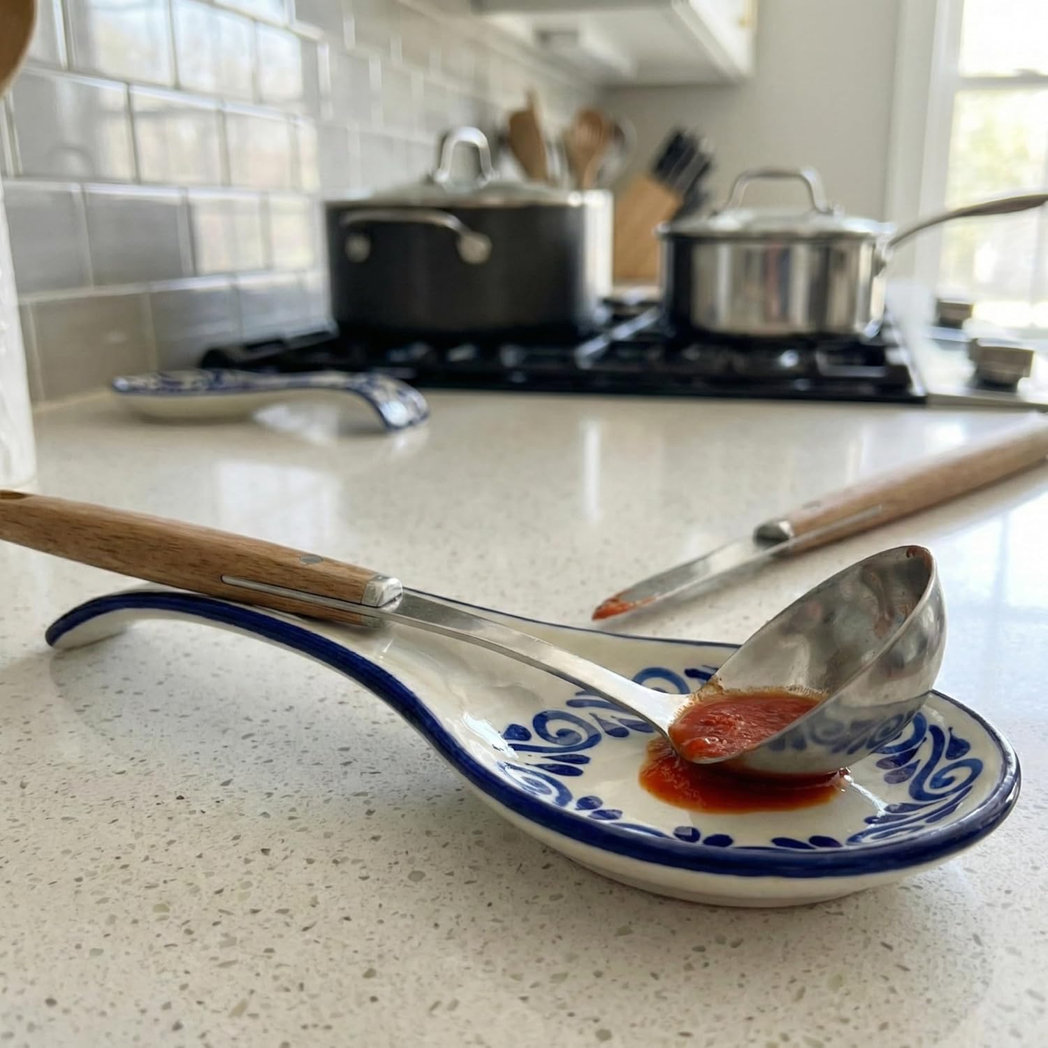 Talavera Spoon Rest, Hand-Painted Ceramic Utensil Holder for Stove or Counter, 11 x 4 Inch, White Mexican Floral Circular Pattern, Made in Mexico, Dishwasher and Microwave Safe - Flores Circulares