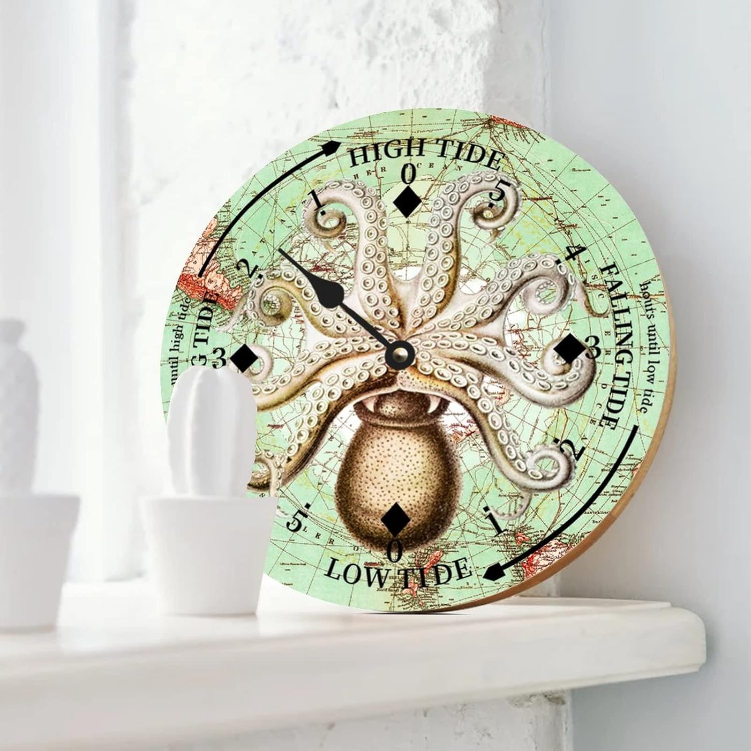 Rustic Wood Tide Clock Retro Ocean Octopus Tidal Clock Moon Clock Silent Non-Ticking Battery Operated Wooden Wall Clock for Living Room Bedroom Cottage Beach Boat Home Decor 12 Inch
