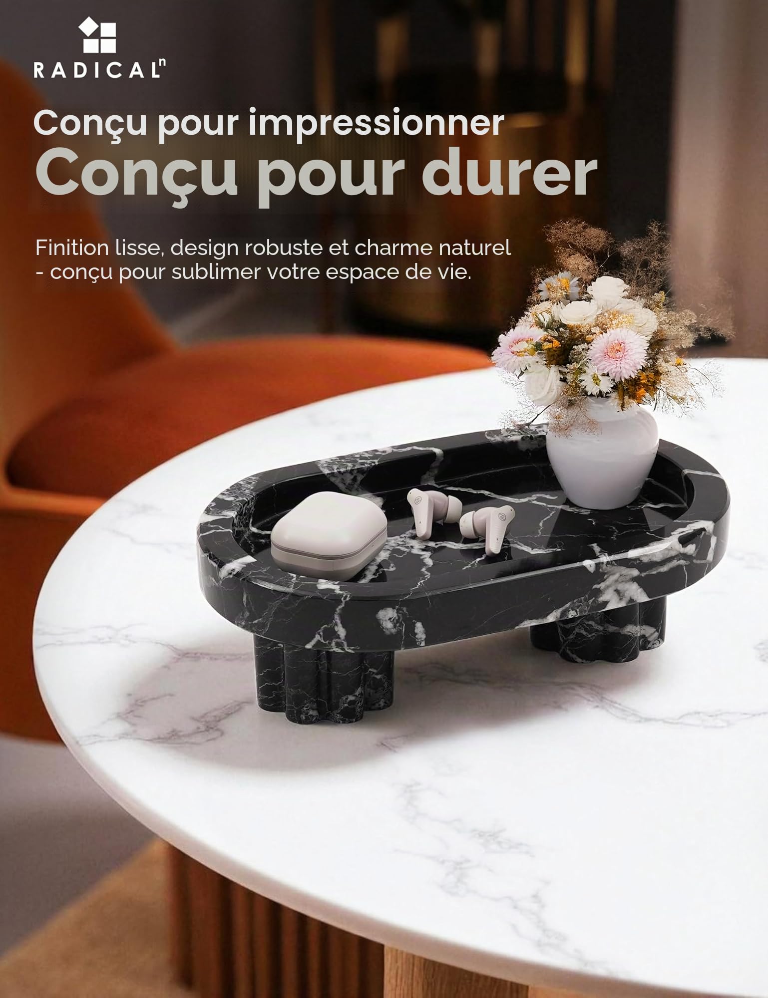 Radicaln Plateau ovale en marbre avec support de 25,4 cm, noir, fait à la main, plateau de service pour décoration de table basse, plateau de parfum moderne et de coiffeuse pour table, plateau