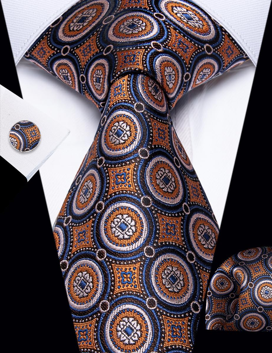 Silk Paisley Floral Tie and Pocket Square Cufflinks with Lapel Pin Sets for Men 5PC Wedding Party - Image 2