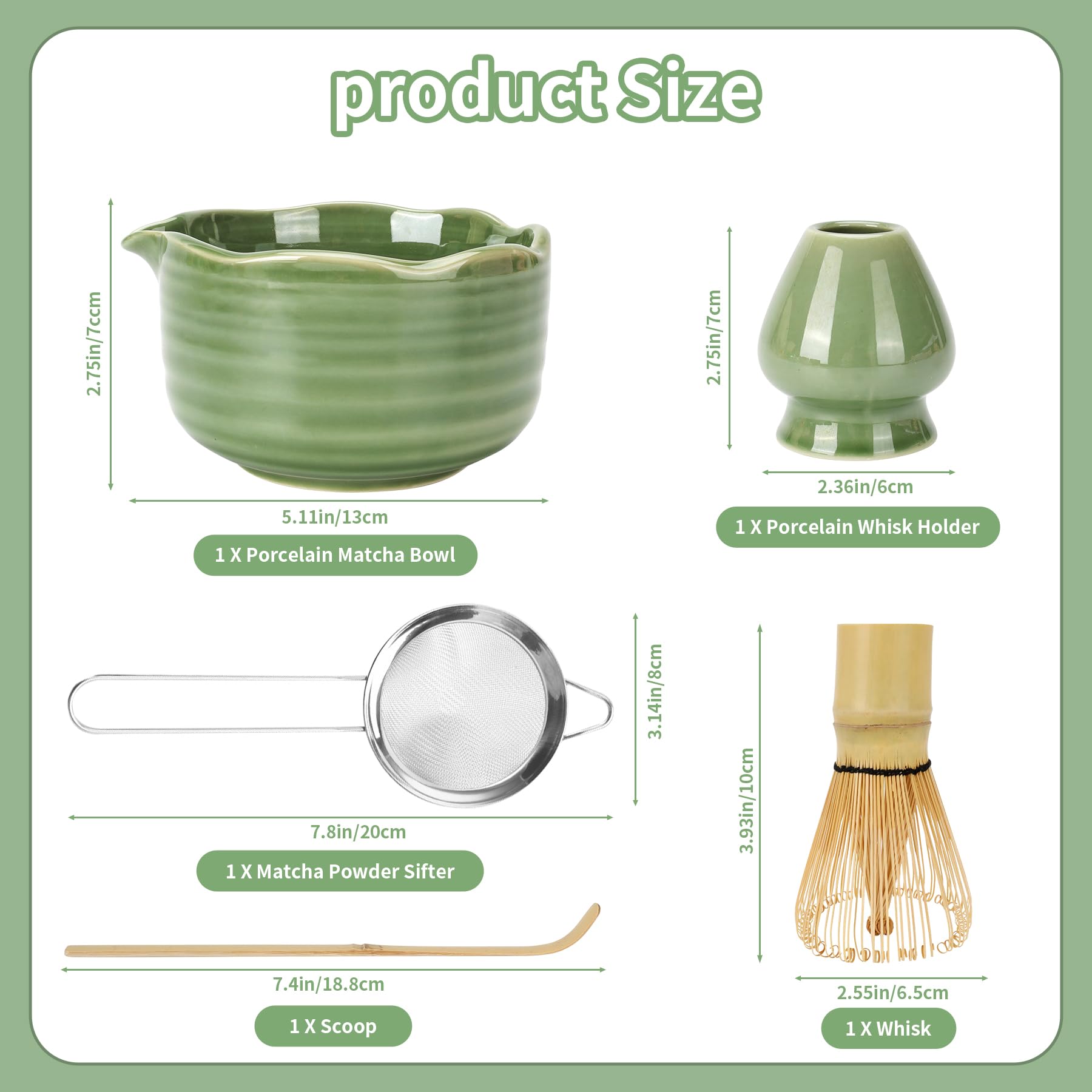 5 Stück Matcha Set mit Matcha Besen, Porzellan Matcha Schale und Besenhalte, Sieb und Löffel, Geschenk für Matcha-Liebhaber, Grün