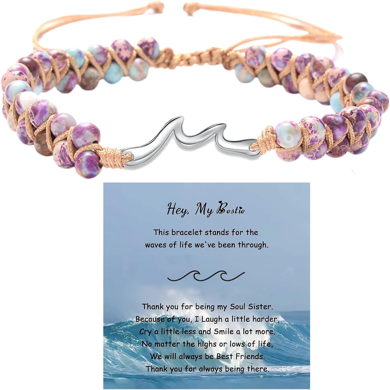 Friendship Bracelets For Women, To Best Bestie Wave Of Life Natural Emperor Stone Double Layer Purple Beaded Woven Wrap Adjustable Charm Gift Jewelry (To Best Bestie(Light-Silver))