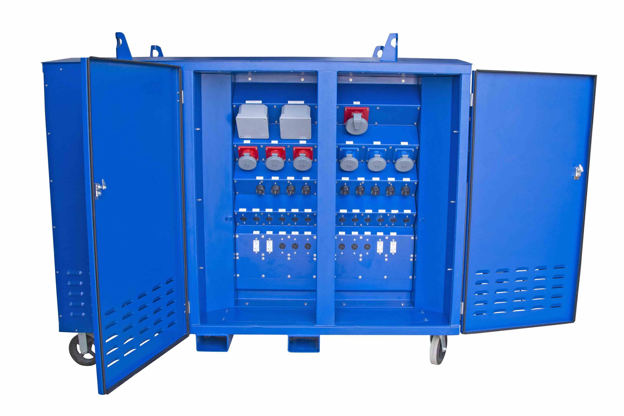 112.5 KVA Portable Distribution Skid, 480-208Y/120 3PH, Camlock Inputs, Camlock Feed-Thru, Camlock Outputs, Isolated Ground, Black Powder Coated Cart