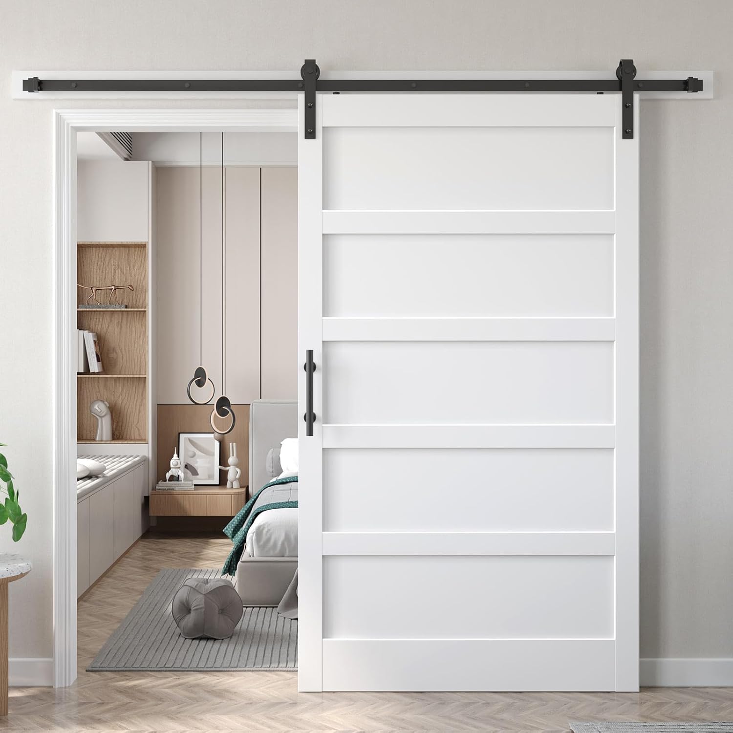 fredbeck 48x84 inch white barn door with 8ft sliding door hardware kit included & handle,mdf,solid pvc surface,diy assembly,5-panel,fit 45in-47in opening