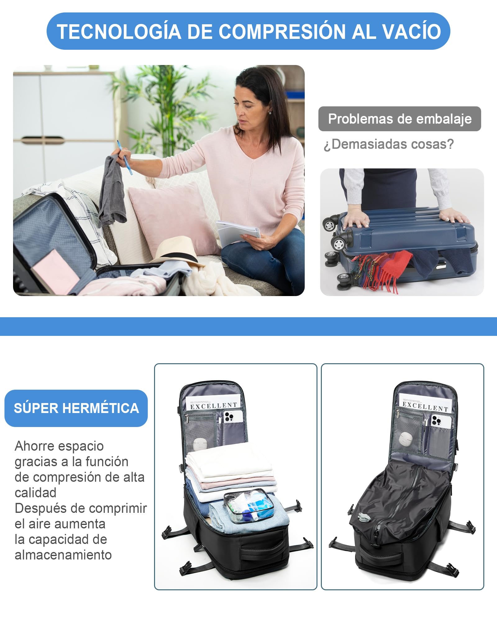suradar Mochila al Vacío Mochila Viaje Cabina Avion 40x20x25 Ryanair Mochilas Vacio con Bomba para Hombre y Mujer con Sistema de Compresion Negro