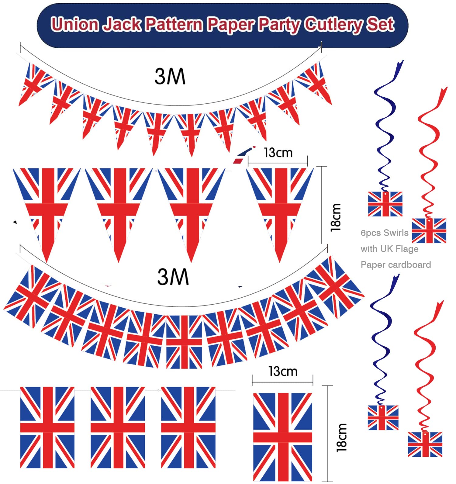 Bandierine Triangolari Union Jack 10 Metri – Smiffys – Per Feste A Tema Britannico, Incoronazione Re Carlo, VE Day, Olimpiadi