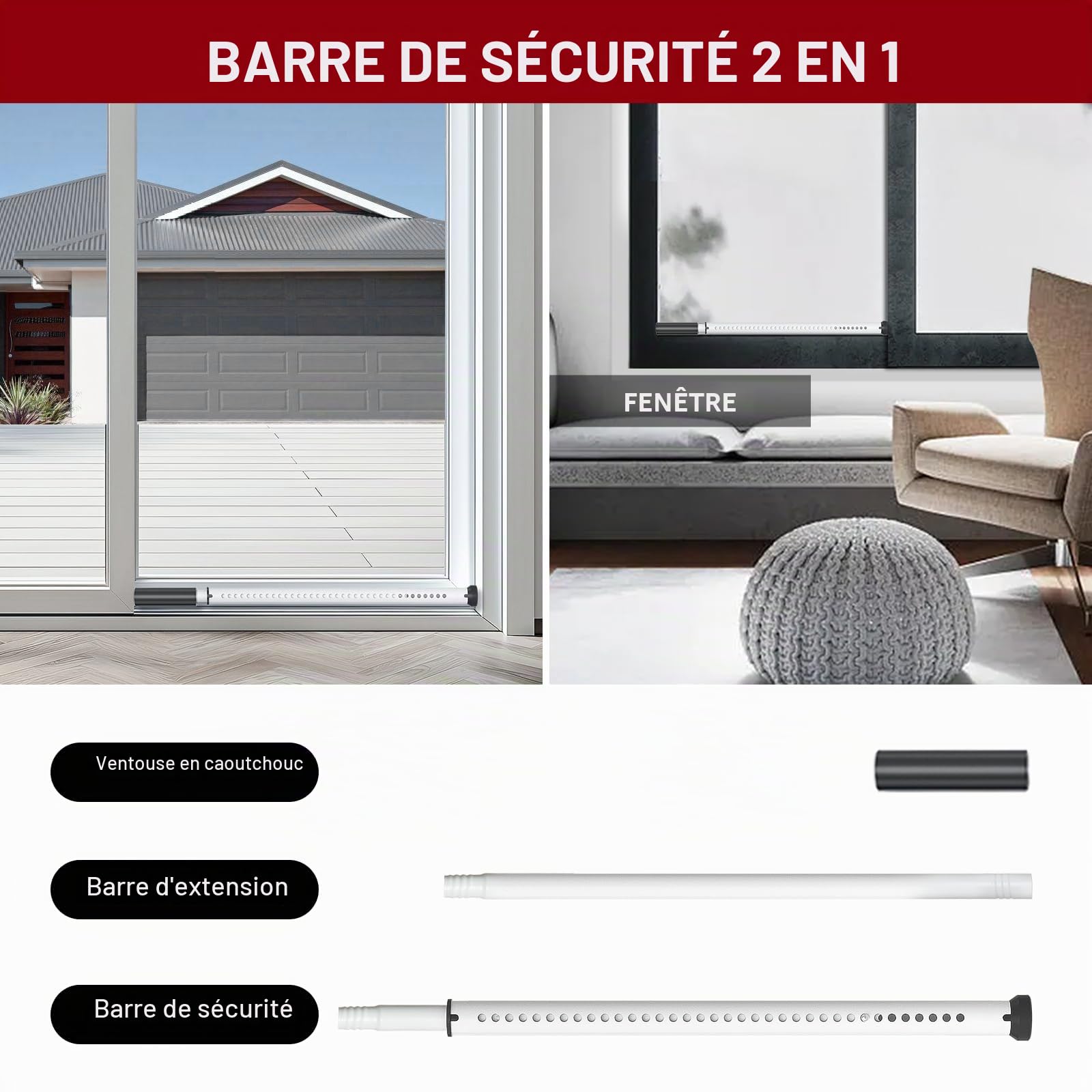 Barre de Porte, Barre de Sécurité Baie Vitrée d'armature Lourdes, 85-127cm Ajuster la Barre Grille Fenetre Securite, Barre Anti Effraction, Barre de Sécurité pour Porte Coulissante