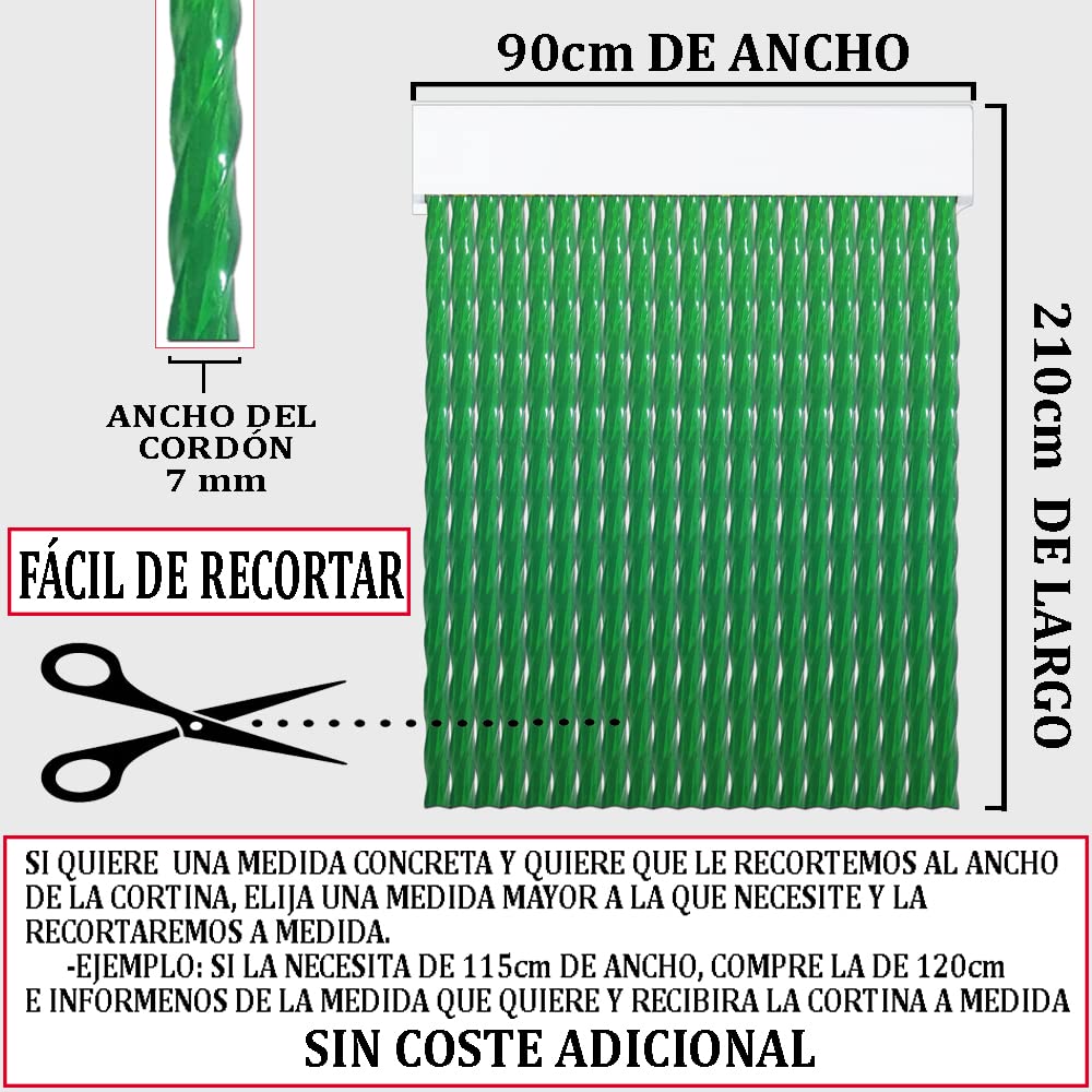 Cortinas - Tenda in corda per esterni, in plastica PVC e barra in alluminio, ideale per terrazze e verande, anti-mosche, trasparente-verde, 210 x 90 cm