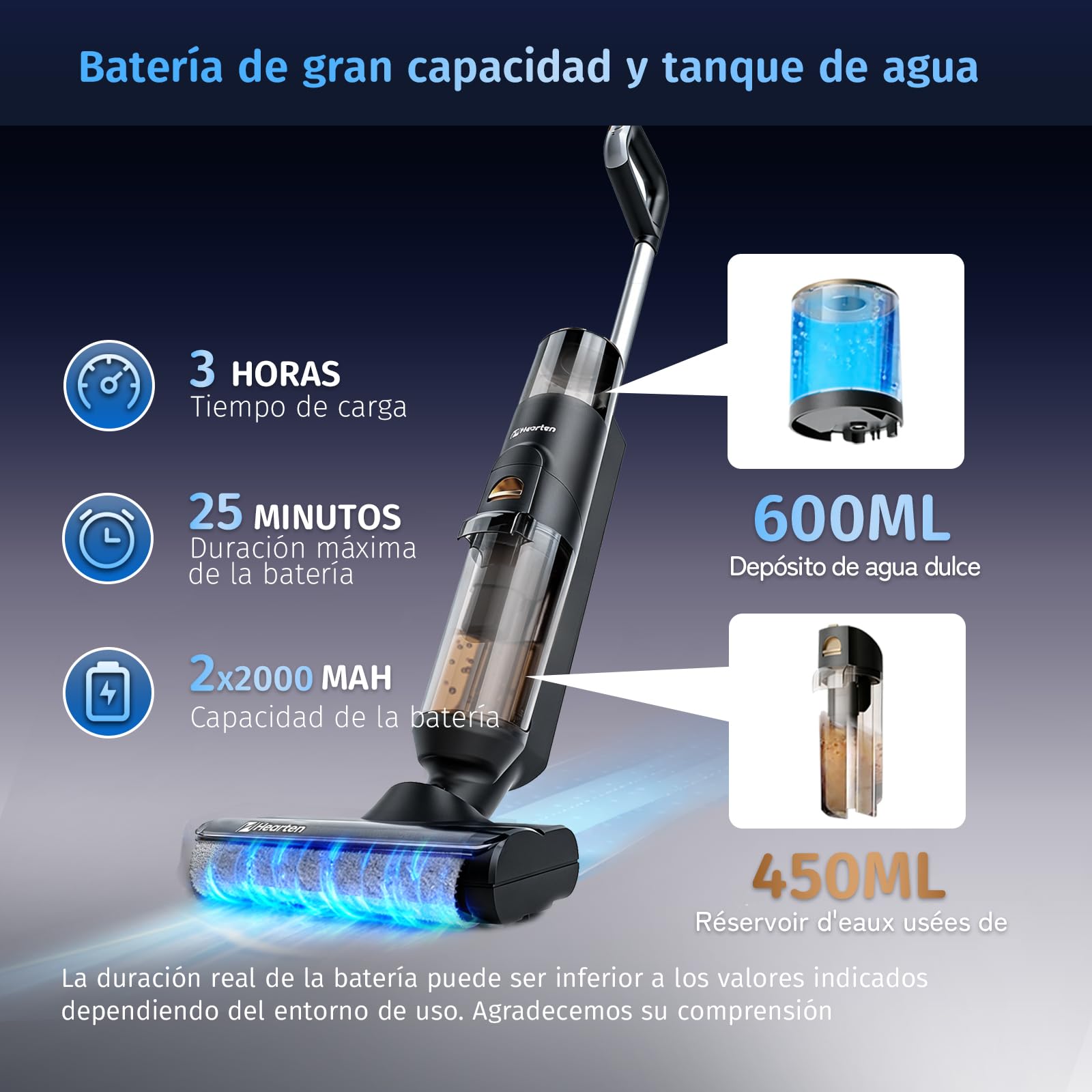 Hearten Aspiradora Fregona,Fregona Aspiradora Inteligente 3 en 1 – Aspirador con Función de Lavado, Autolimpiable, Antienredos, Pantalla LED, 0,7 mm, Autoajuste, para Suelos y Pelo de Mascotas
